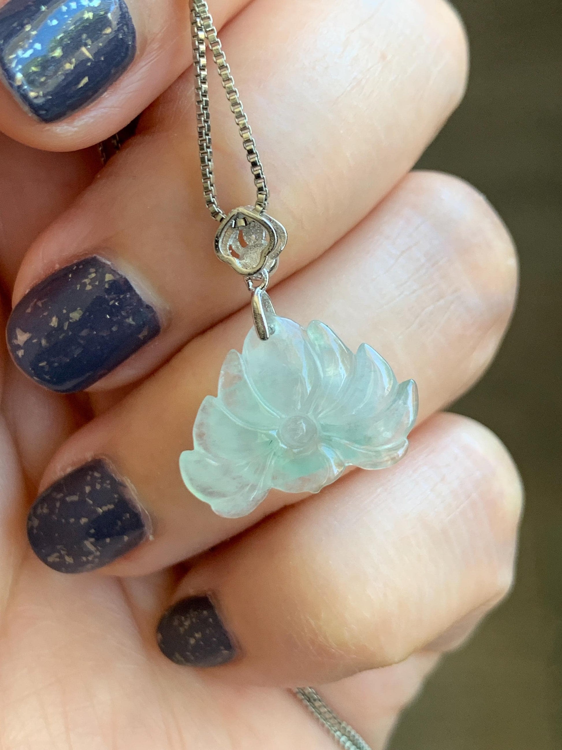 Natural Grade A Icy Highly Translucent Light Green Marbled Jade Jadeite Lotus Flower Petite Pendant Sterling Silver 天然冰晴飘花翡翠迷你莲花镶嵌吊坠 QPM165