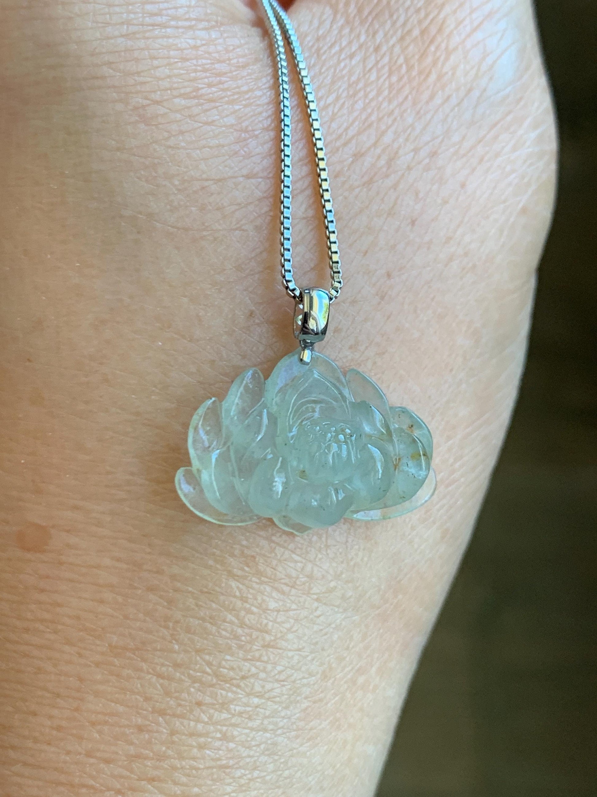 Grade A Natural Icy Highly Translucent Beige Golden Marbled Jadeite Lotus Flower Petite Pendant 18K White Gold 天然冰糖黄撒金翡翠迷你莲花镶嵌吊坠 BTM220