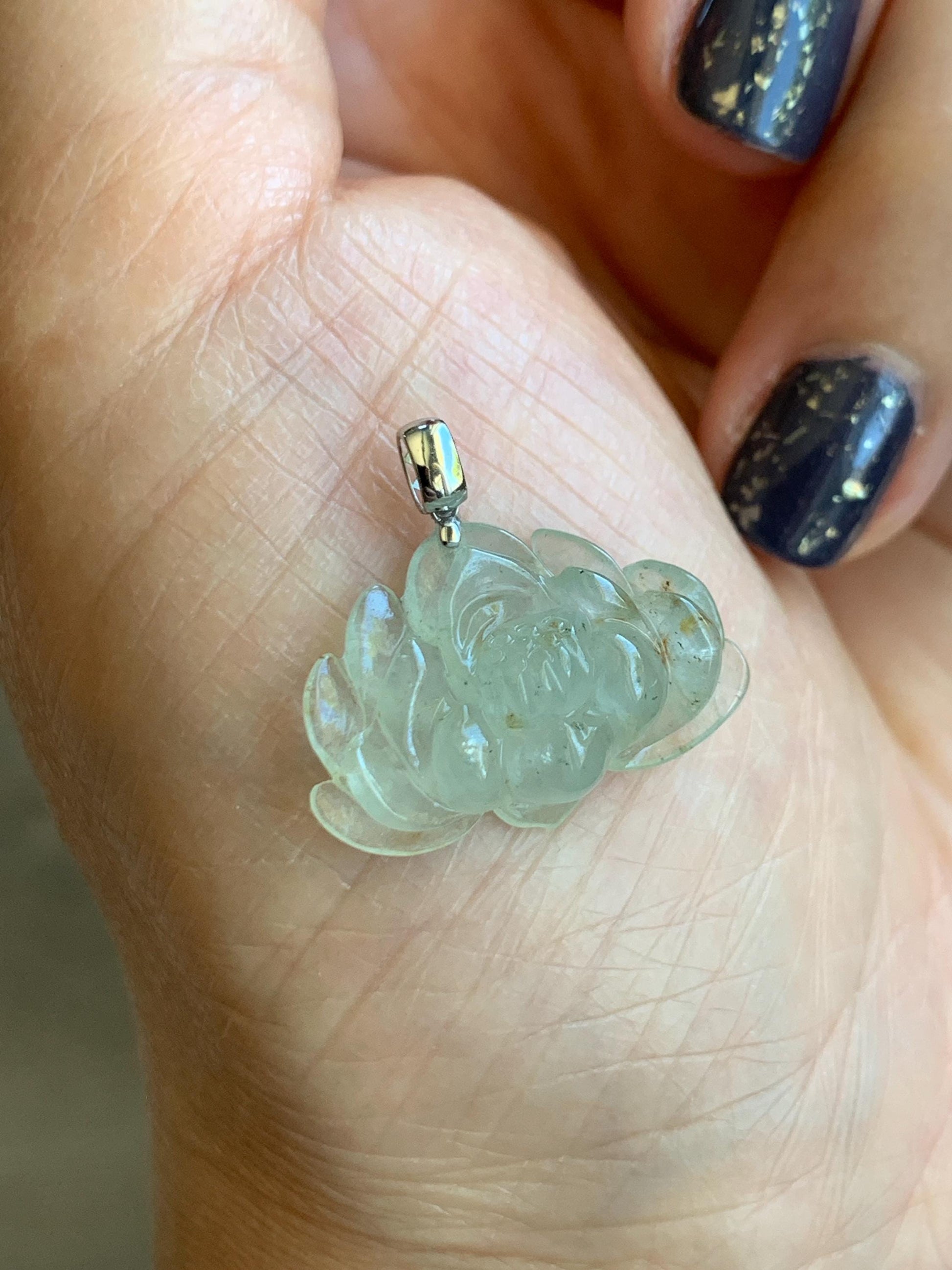 Grade A Natural Icy Highly Translucent Beige Golden Marbled Jadeite Lotus Flower Petite Pendant 18K White Gold 天然冰糖黄撒金翡翠迷你莲花镶嵌吊坠 BTM220