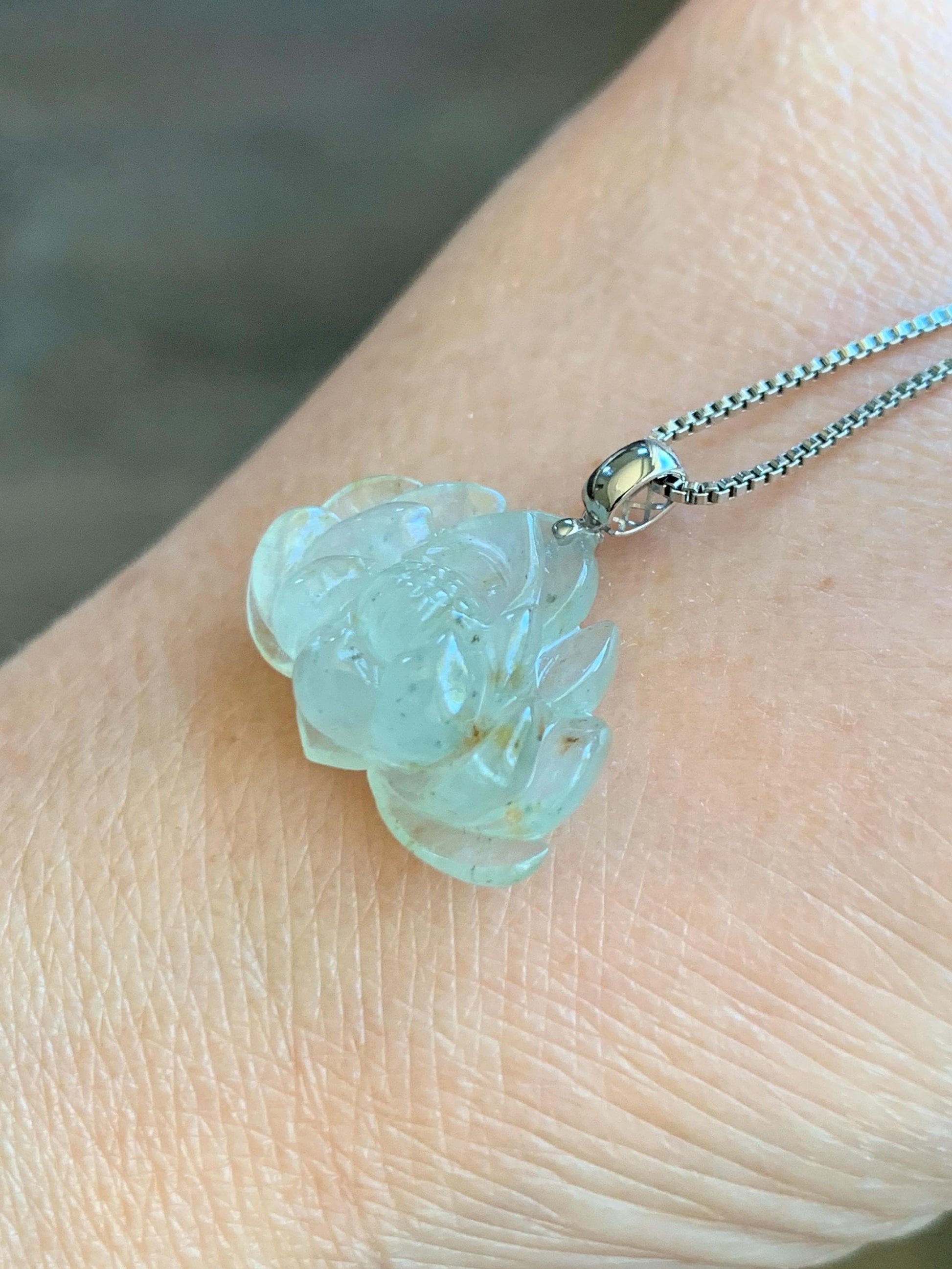 Grade A Natural Icy Highly Translucent Beige Golden Marbled Jadeite Lotus Flower Petite Pendant 18K White Gold 天然冰糖黄撒金翡翠迷你莲花镶嵌吊坠 BTM220