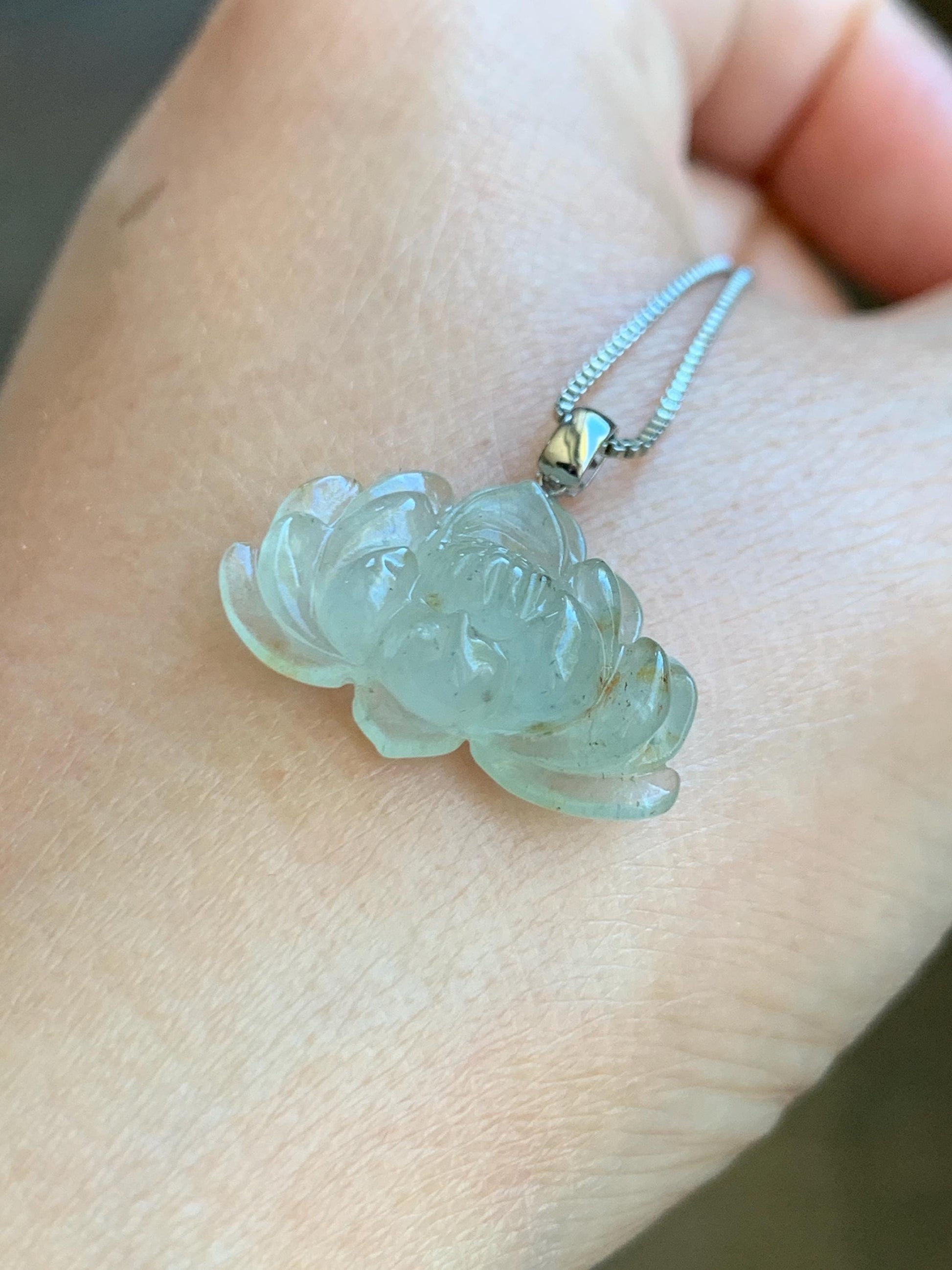Grade A Natural Icy Highly Translucent Beige Golden Marbled Jadeite Lotus Flower Petite Pendant 18K White Gold 天然冰糖黄撒金翡翠迷你莲花镶嵌吊坠 BTM220