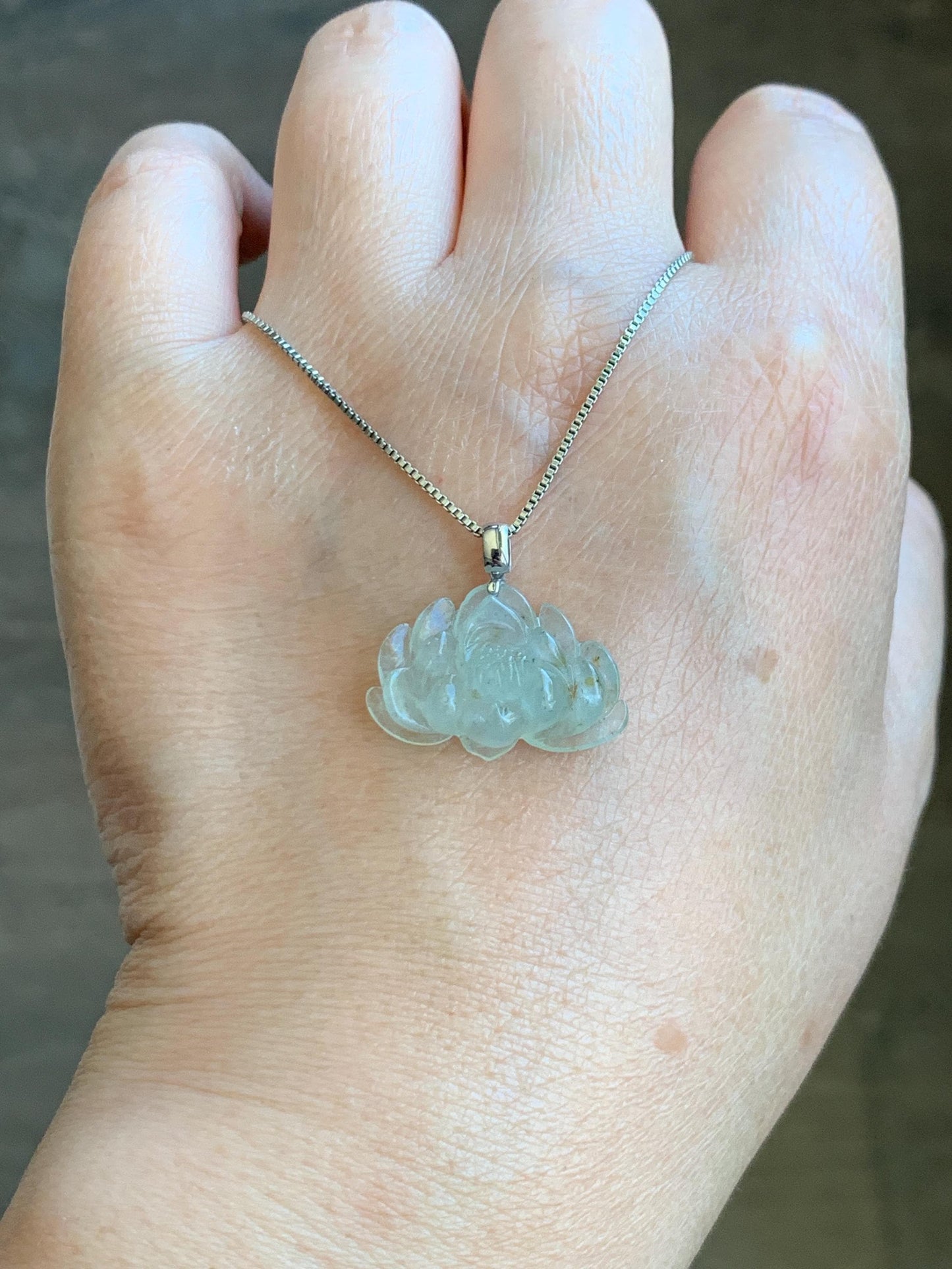 Grade A Natural Icy Highly Translucent Beige Golden Marbled Jadeite Lotus Flower Petite Pendant 18K White Gold 天然冰糖黄撒金翡翠迷你莲花镶嵌吊坠 BTM220