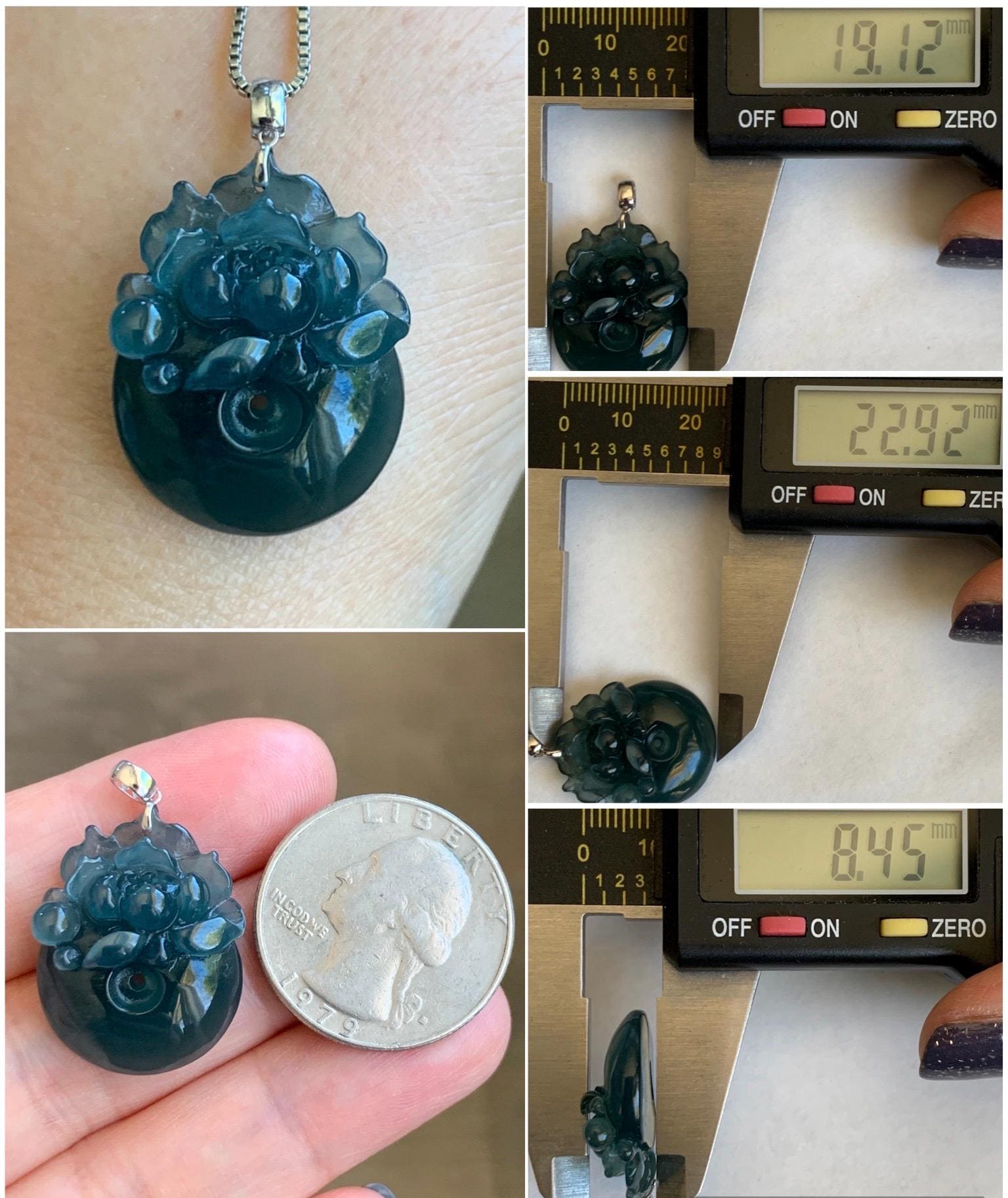 Natural Guatemalan Icy Translucent Deep Aegean Blue Jadeite Lotus Flower Ping An Kou Donut Pendant 18K White Gold 天然冰危深牛仔蓝翡翠莲花平安扣吊坠 NZLW150
