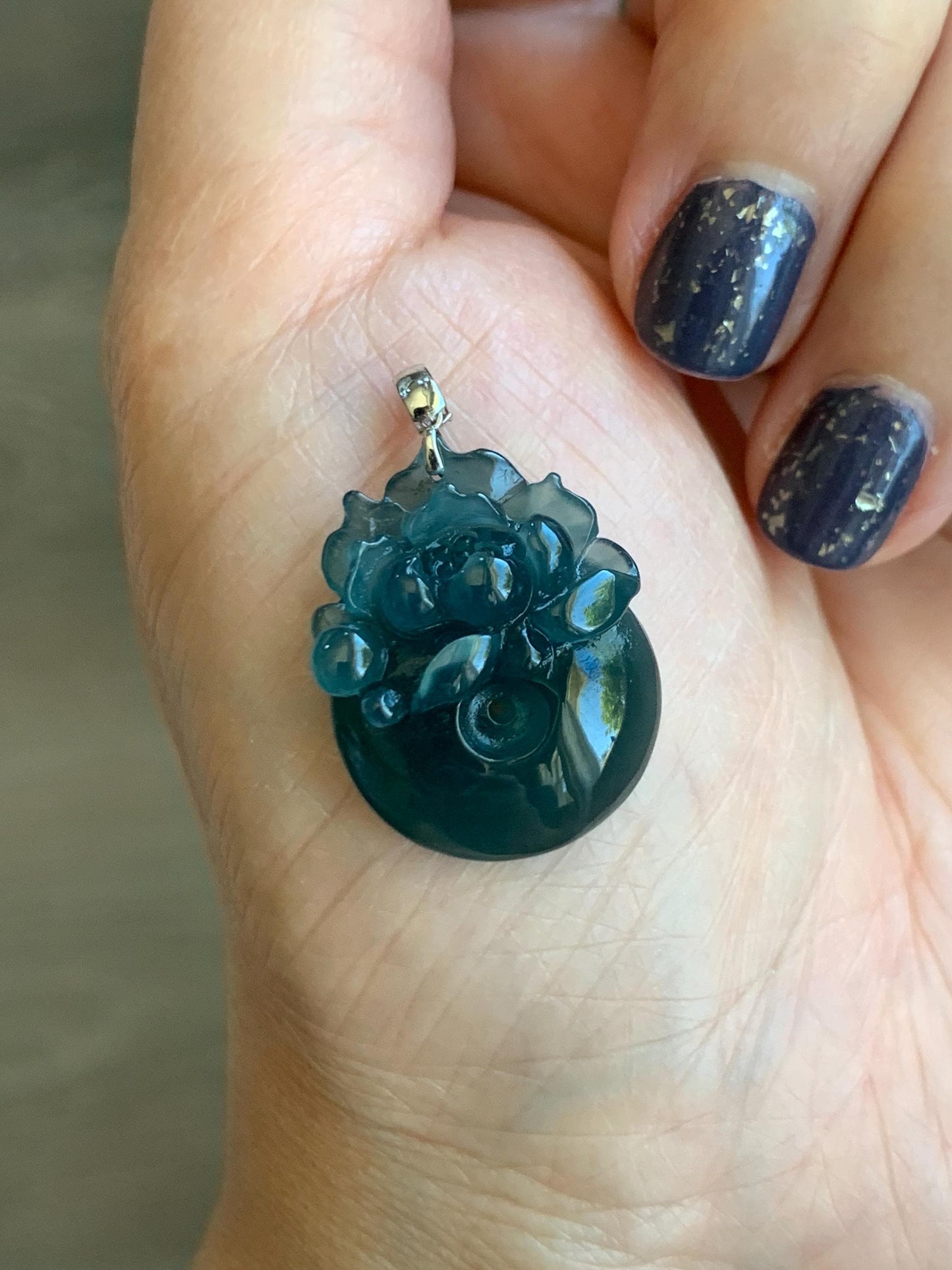 Natural Guatemalan Icy Translucent Deep Aegean Blue Jadeite Lotus Flower Ping An Kou Donut Pendant 18K White Gold 天然冰危深牛仔蓝翡翠莲花平安扣吊坠 NZLW150