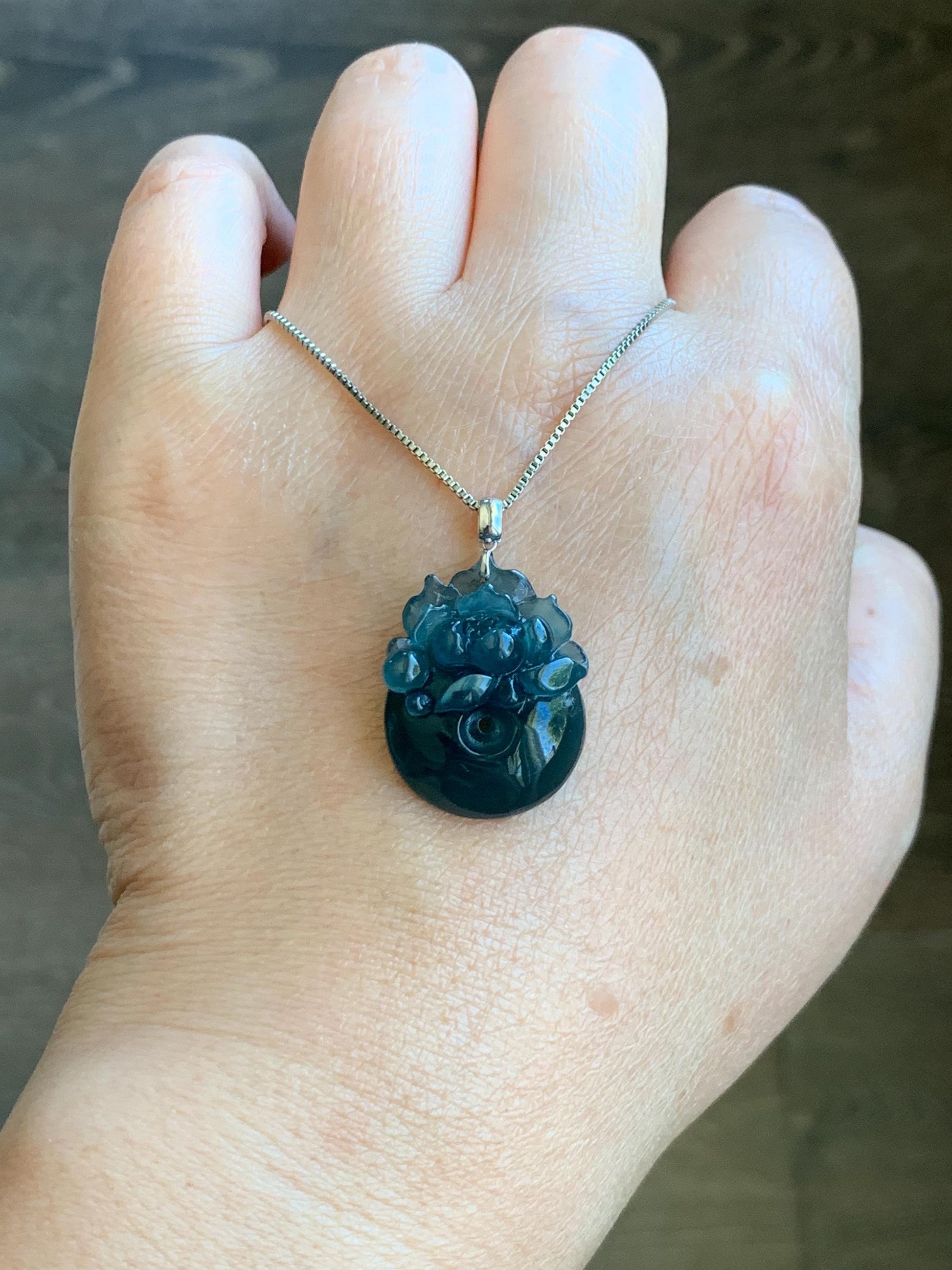 Natural Guatemalan Icy Translucent Deep Aegean Blue Jadeite Lotus Flower Ping An Kou Donut Pendant 18K White Gold 天然冰危深牛仔蓝翡翠莲花平安扣吊坠 NZLW150