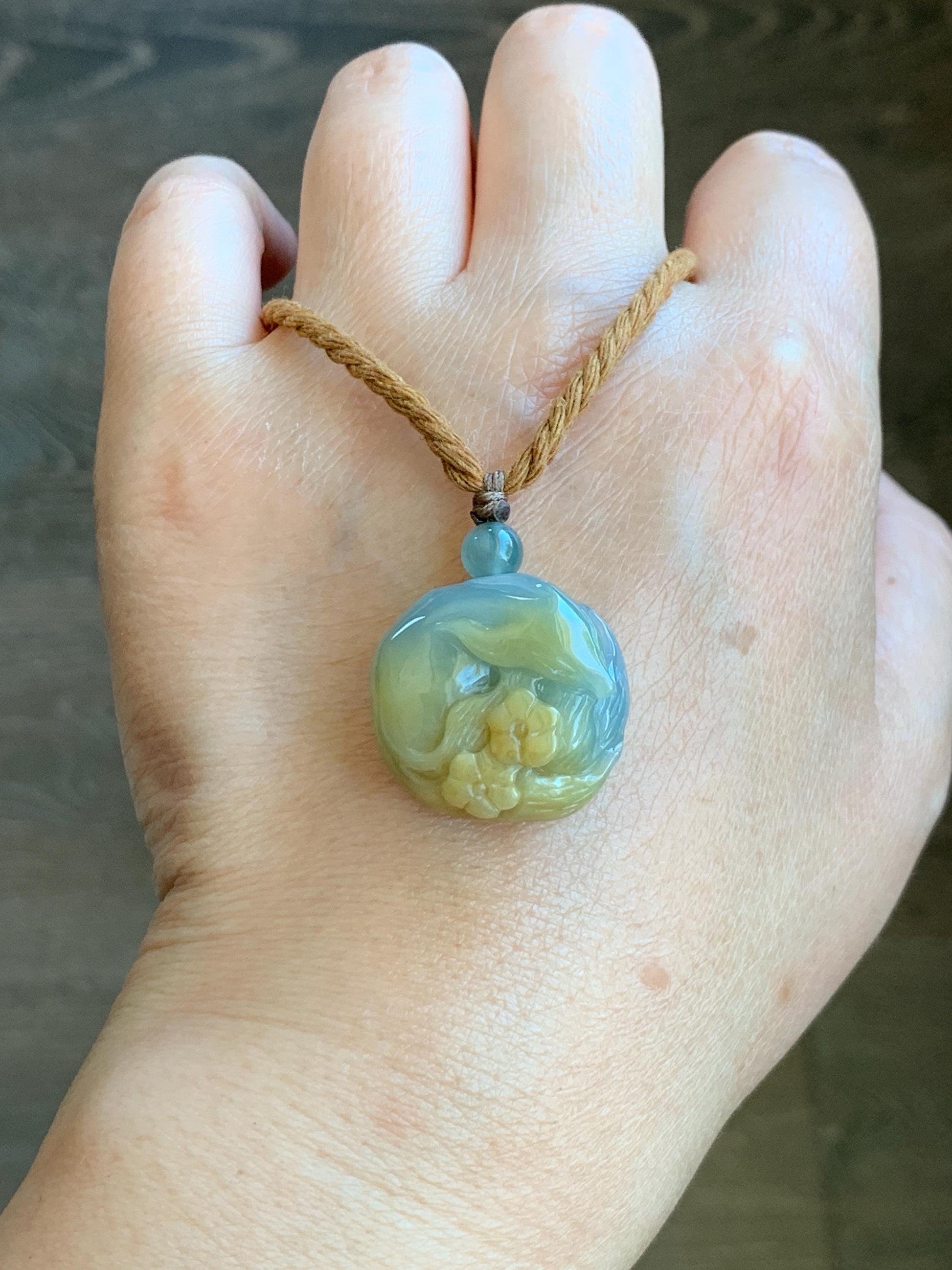 Natural Grade A Icy Translucent Dusty Blue Yellow Bicolored Jadeite Carved Nine-Tailed Fox Pendant Rope Necklace 26” 天然冰蓝加黄翡翠九尾狐梅花吊坠项链 JWWA