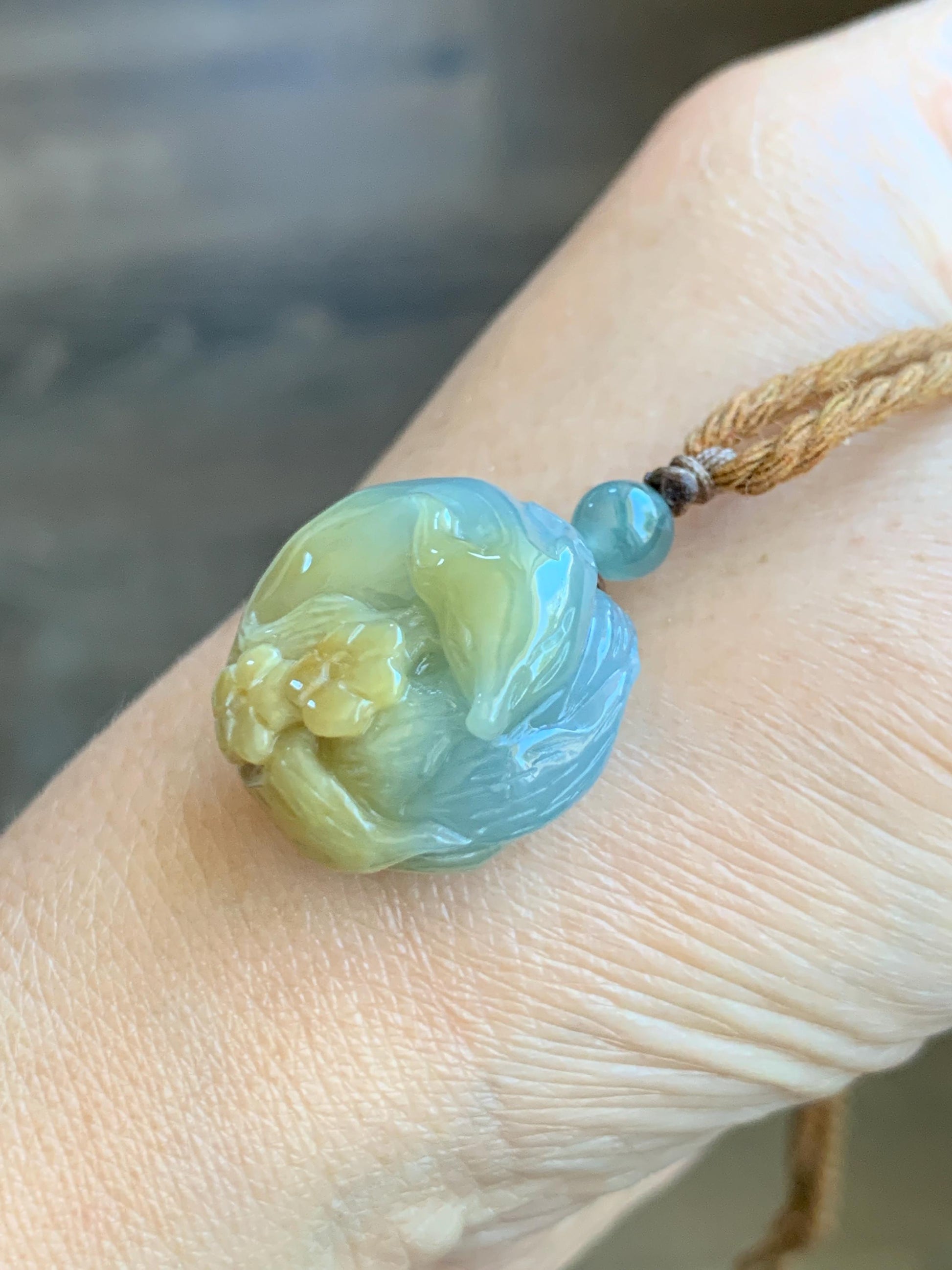 Natural Grade A Icy Translucent Dusty Blue Yellow Bicolored Jadeite Carved Nine-Tailed Fox Pendant Rope Necklace 26” 天然冰蓝加黄翡翠九尾狐梅花吊坠项链 JWWA
