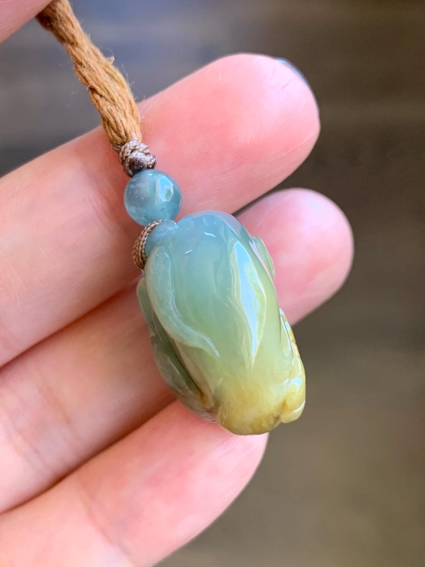 Natural Grade A Icy Translucent Dusty Blue Yellow Bicolored Jadeite Carved Nine-Tailed Fox Pendant Rope Necklace 26” 天然冰蓝加黄翡翠九尾狐梅花吊坠项链 JWWA