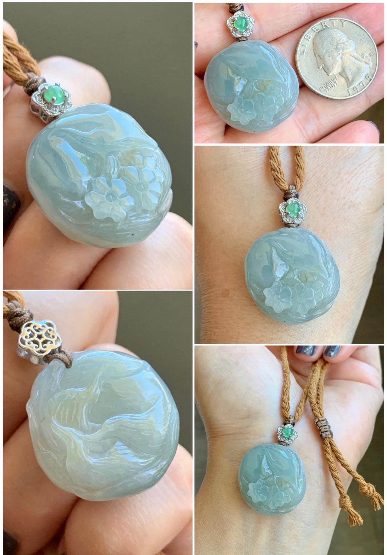 Natural Grade A Icy Translucent Gelatinous Dusty Teal Jade Jadeite Carved Nine-Tailed Fox Pendant Rope Necklace 26" 天然老种冰胶晴蓝翡翠九尾狐梅花吊坠 JWWB