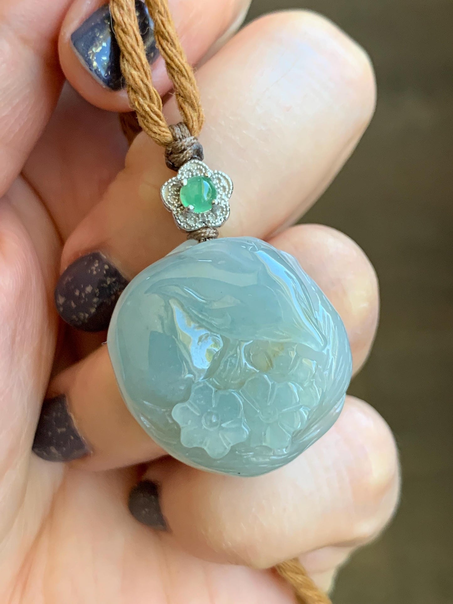 Natural Grade A Icy Translucent Gelatinous Dusty Teal Jade Jadeite Carved Nine-Tailed Fox Pendant Rope Necklace 26" 天然老种冰胶晴蓝翡翠九尾狐梅花吊坠 JWWB
