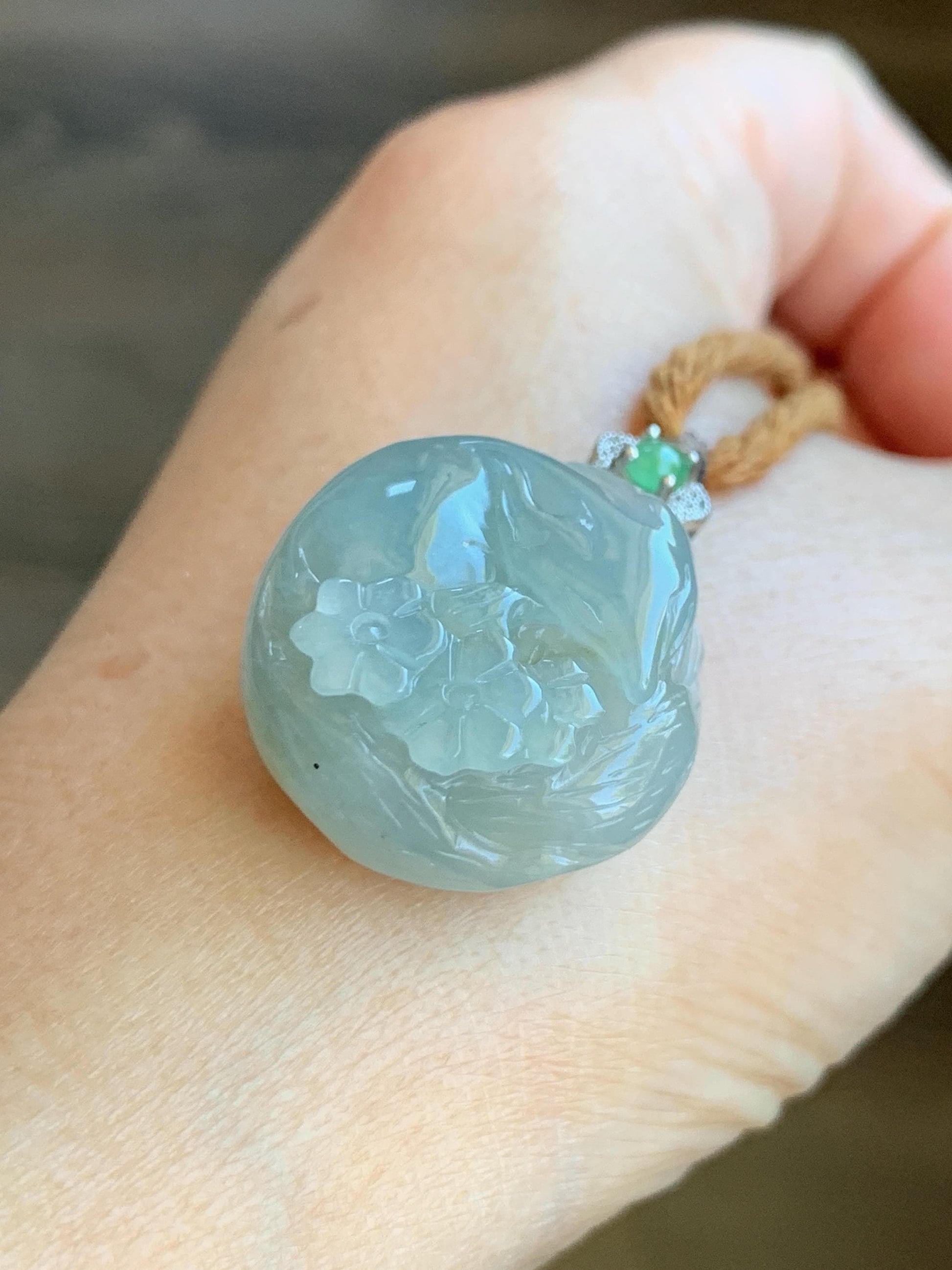 Natural Grade A Icy Translucent Gelatinous Dusty Teal Jade Jadeite Carved Nine-Tailed Fox Pendant Rope Necklace 26" 天然老种冰胶晴蓝翡翠九尾狐梅花吊坠 JWWB