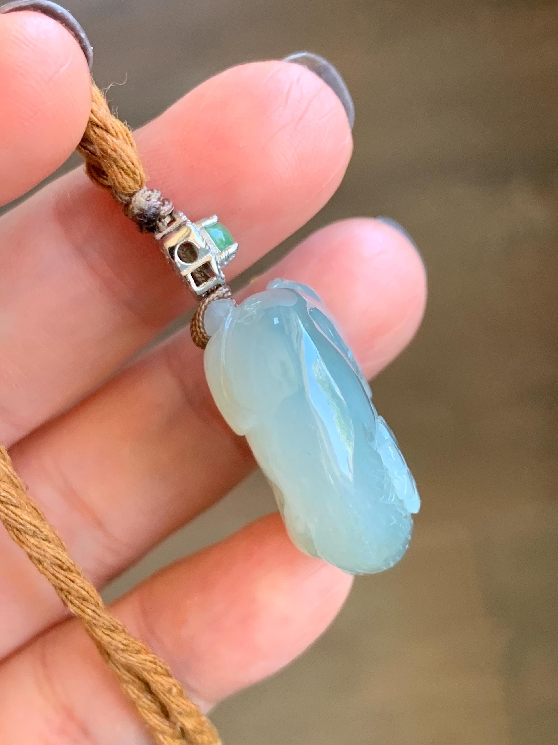 Natural Grade A Icy Translucent Gelatinous Dusty Teal Jade Jadeite Carved Nine-Tailed Fox Pendant Rope Necklace 26" 天然老种冰胶晴蓝翡翠九尾狐梅花吊坠 JWWB