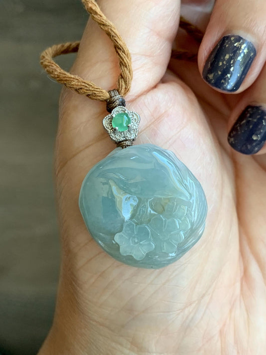 Natural Grade A Icy Translucent Gelatinous Dusty Teal Jade Jadeite Carved Nine-Tailed Fox Pendant Rope Necklace 26" 天然老种冰胶晴蓝翡翠九尾狐梅花吊坠 JWWB