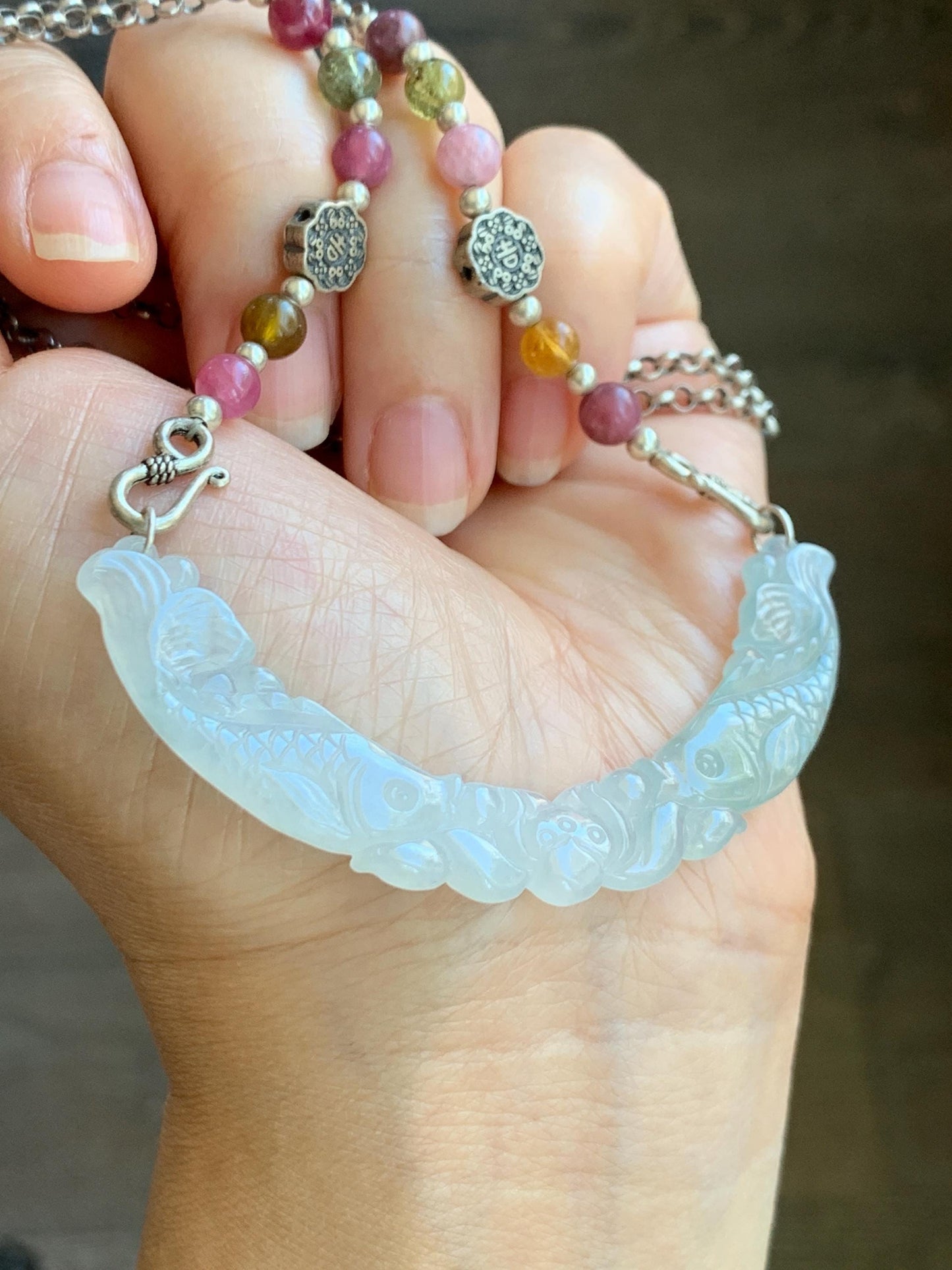 Natural Icy Translucent Pastel Green Marbled Jadeite Double Fish Lotus Flower Crescent Pendant Sterling Silver Necklace 24" 天然冰胶翡翠双鱼玉横银项链 TM