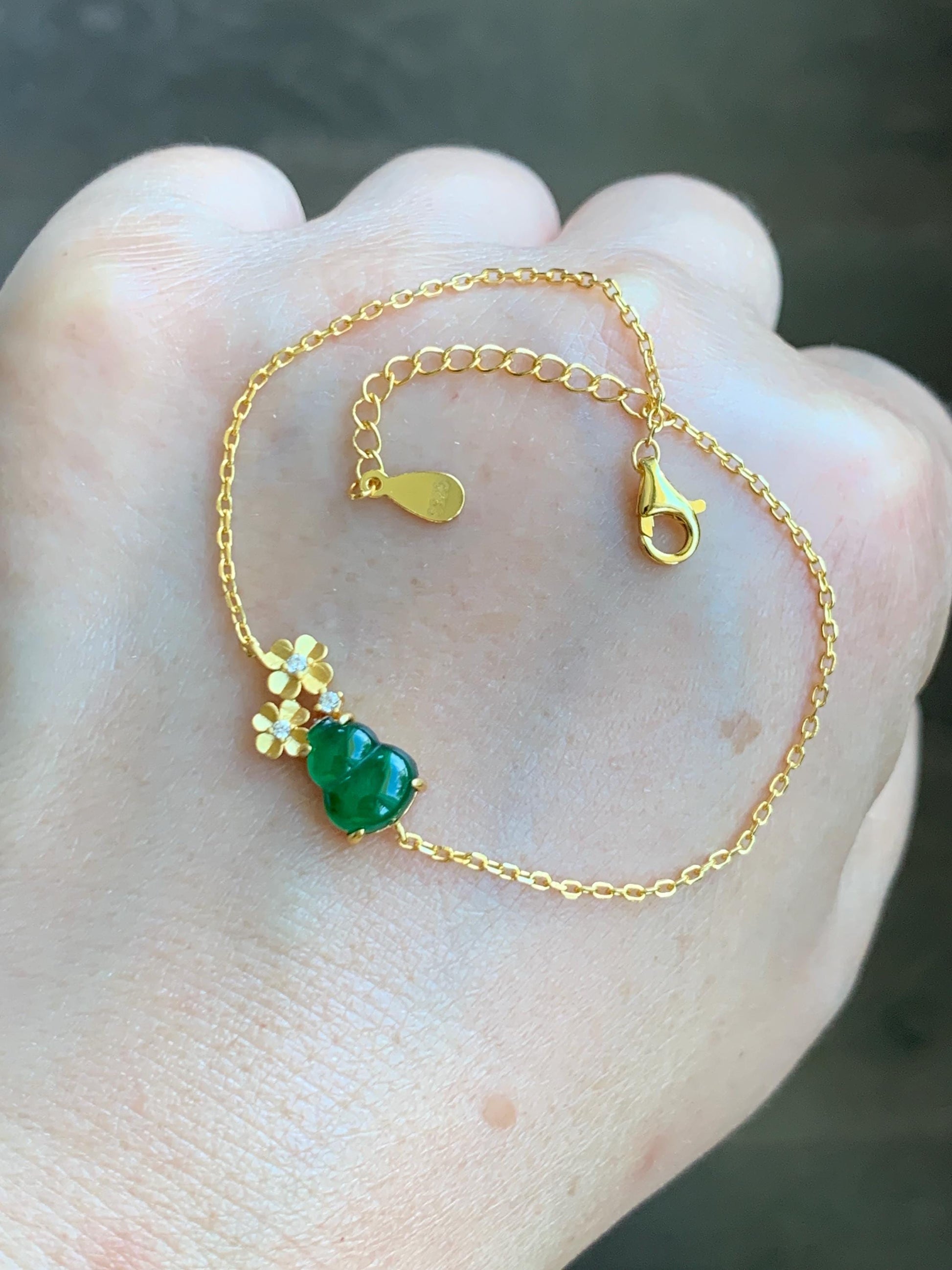 Natural Grade A Guatemalan Icy Translucent Vibrant Green Gourd Hulu Jadeite Flower Chain Bracelet Sterling Silver 6.5" 天然冰危绿翡翠葫芦梅花银手链 HGG160
