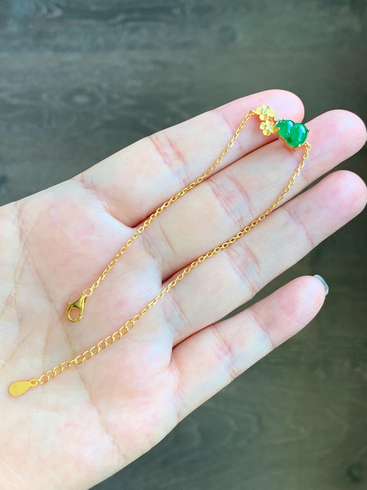Natural Grade A Guatemalan Icy Translucent Vibrant Green Gourd Hulu Jadeite Flower Chain Bracelet Sterling Silver 6.5" 天然冰危绿翡翠葫芦梅花银手链 HGG160