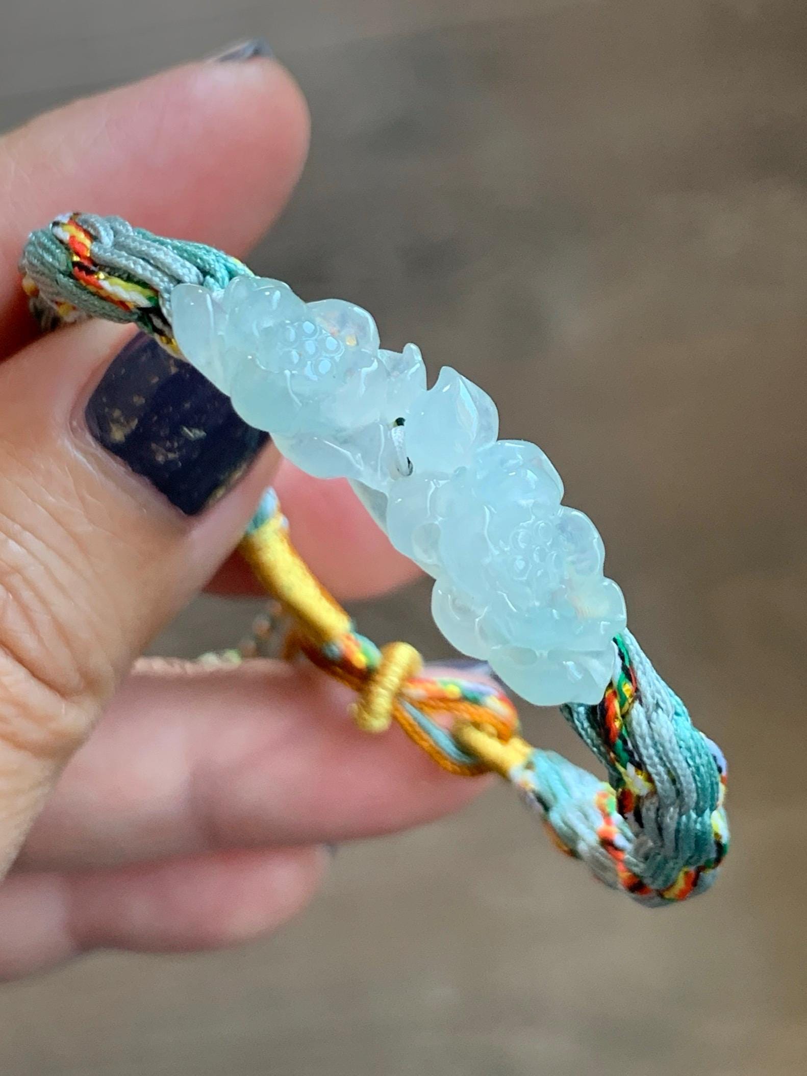 Natural Grade A Icy Highly Translucent White Jade Jadeite Carved Double Lotus Flower Handcrafted Rope Bracelet 6”-8” 天然冰胶白翡翠双莲花手绳 MSLH130
