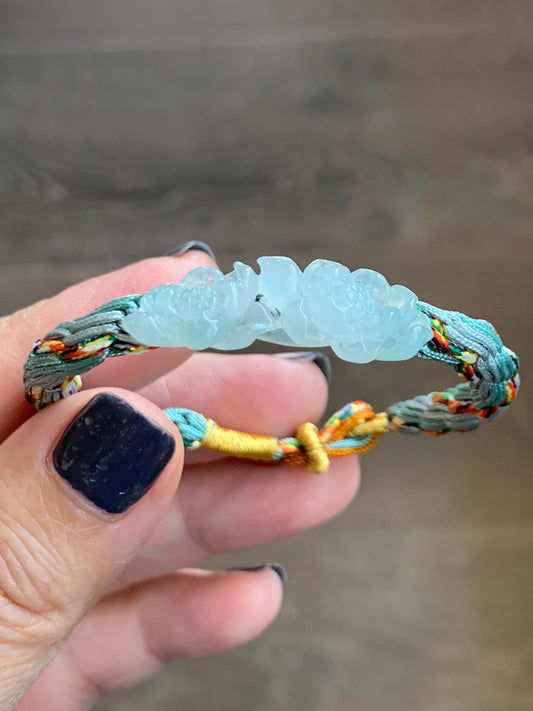 Natural Grade A Icy Highly Translucent White Jade Jadeite Carved Double Lotus Flower Handcrafted Rope Bracelet 6”-8” 天然冰胶白翡翠双莲花手绳 MSLH130