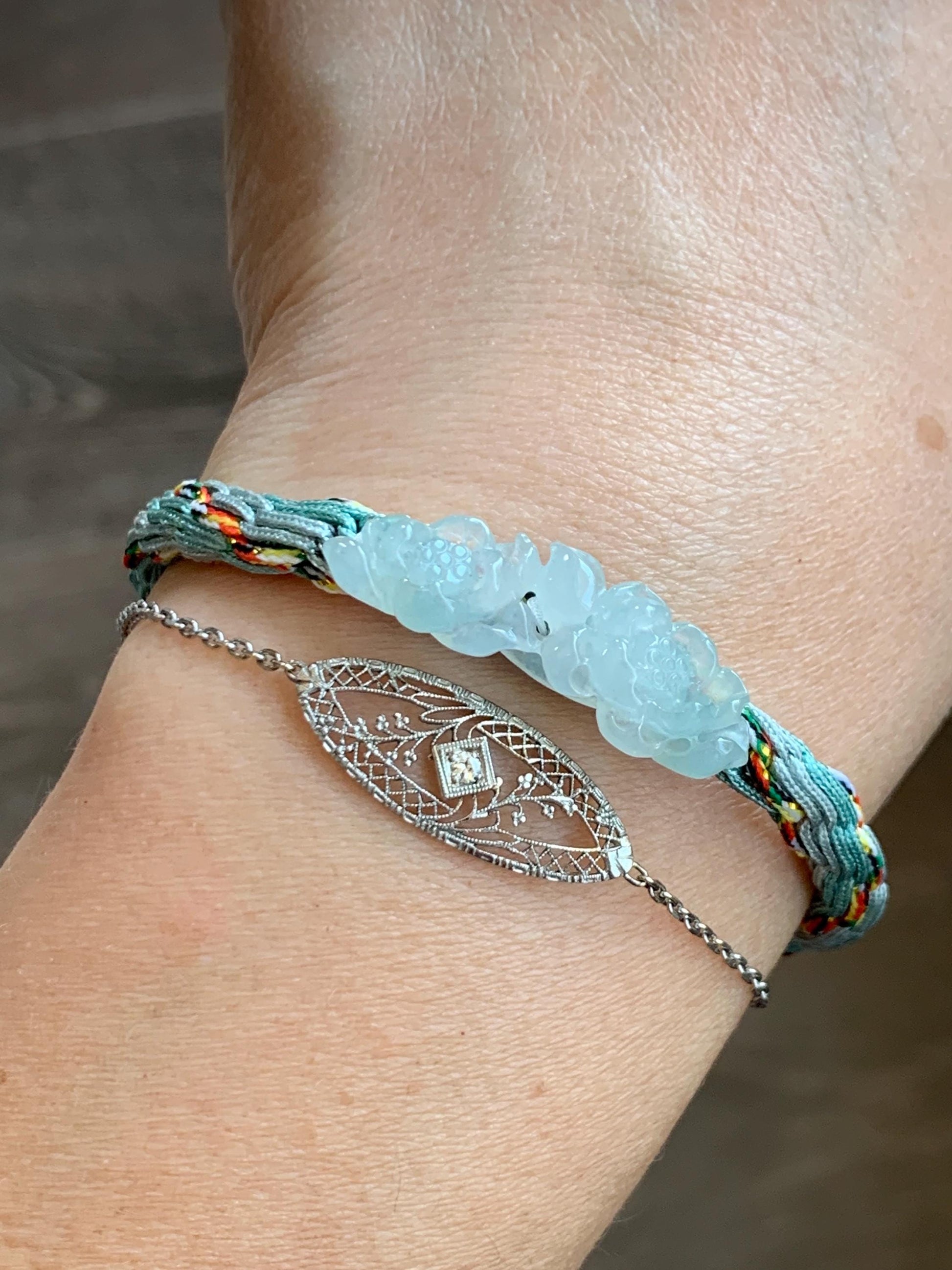 Natural Grade A Icy Highly Translucent White Jade Jadeite Carved Double Lotus Flower Handcrafted Rope Bracelet 6”-8” 天然冰胶白翡翠双莲花手绳 MSLH130