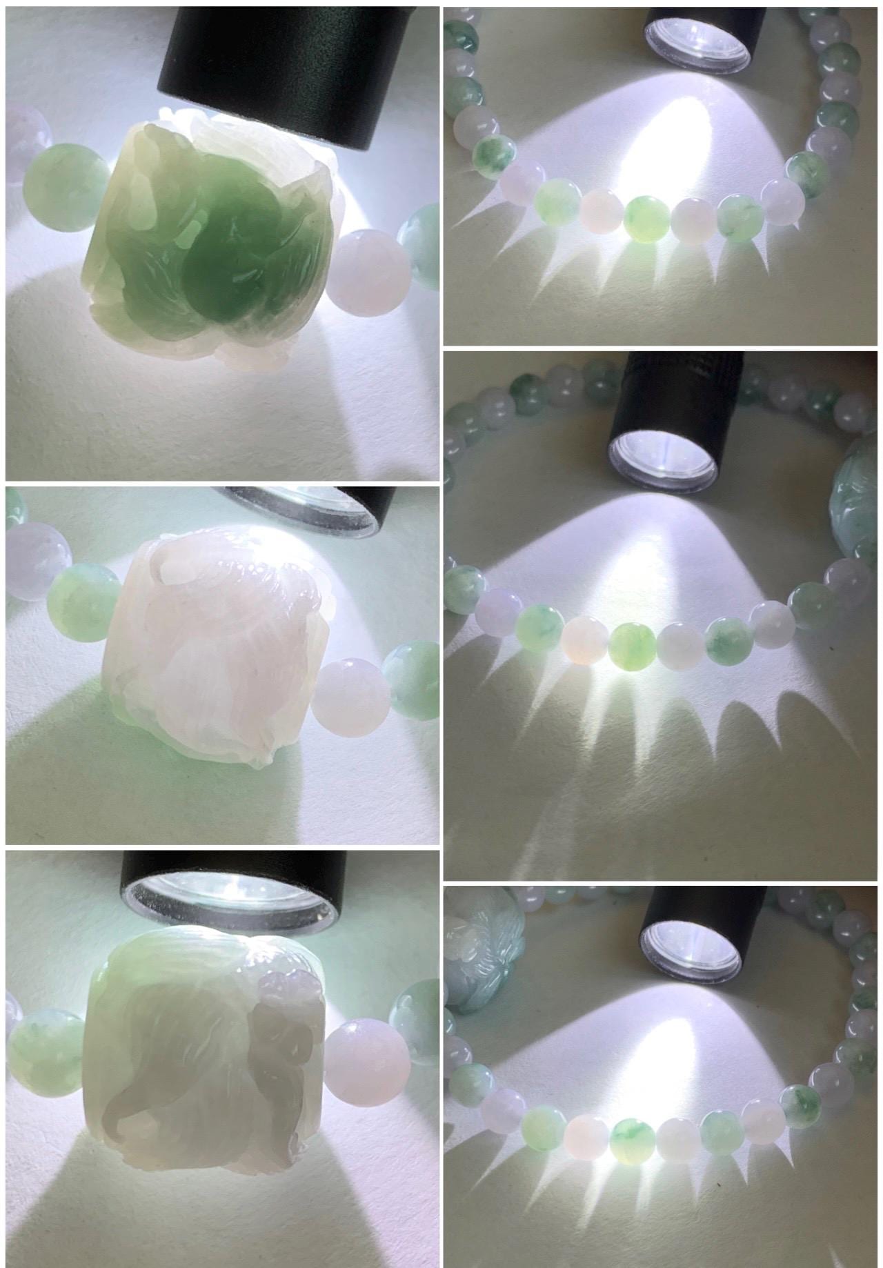Natural Grade A Icy Translucent Pastel Purple & Green Jade Jadeite Carved Nine-Tailed Fox Beaded Bracelet 6.75” 17g 天然冰胶春彩翡翠九尾狐珠手串 MCC320