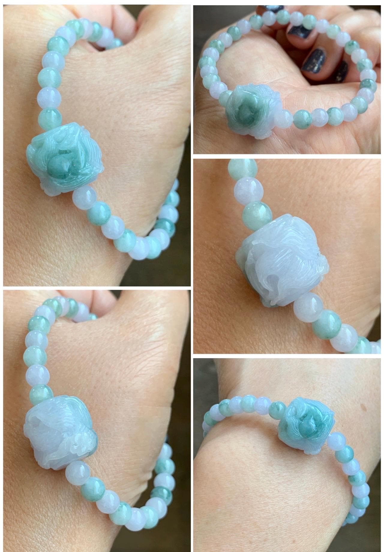 Natural Grade A Icy Translucent Pastel Purple & Green Jade Jadeite Carved Nine-Tailed Fox Beaded Bracelet 6.75” 17g 天然冰胶春彩翡翠九尾狐珠手串 MCC320
