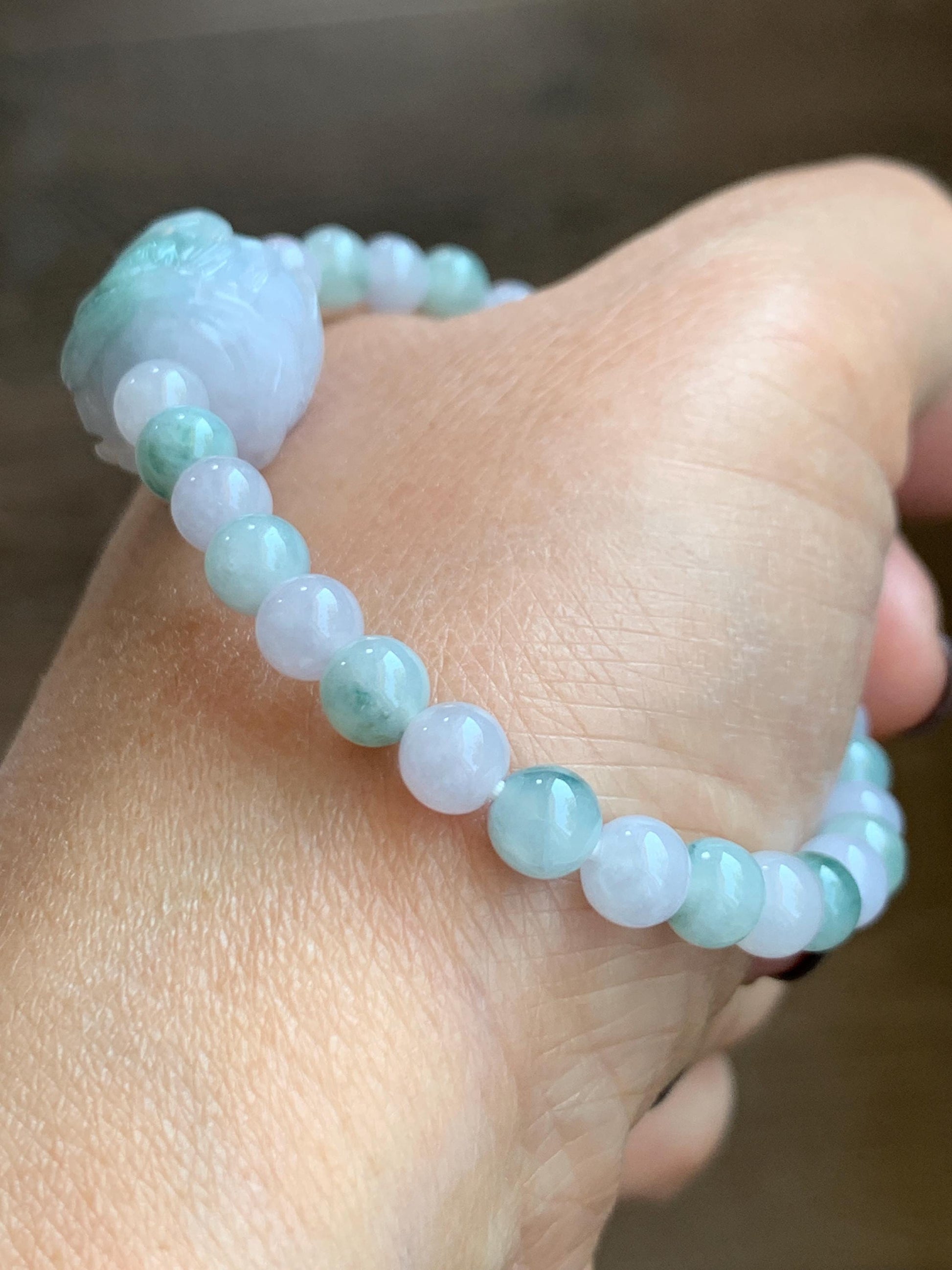 Natural Grade A Icy Translucent Pastel Purple & Green Jade Jadeite Carved Nine-Tailed Fox Beaded Bracelet 6.75” 17g 天然冰胶春彩翡翠九尾狐珠手串 MCC320