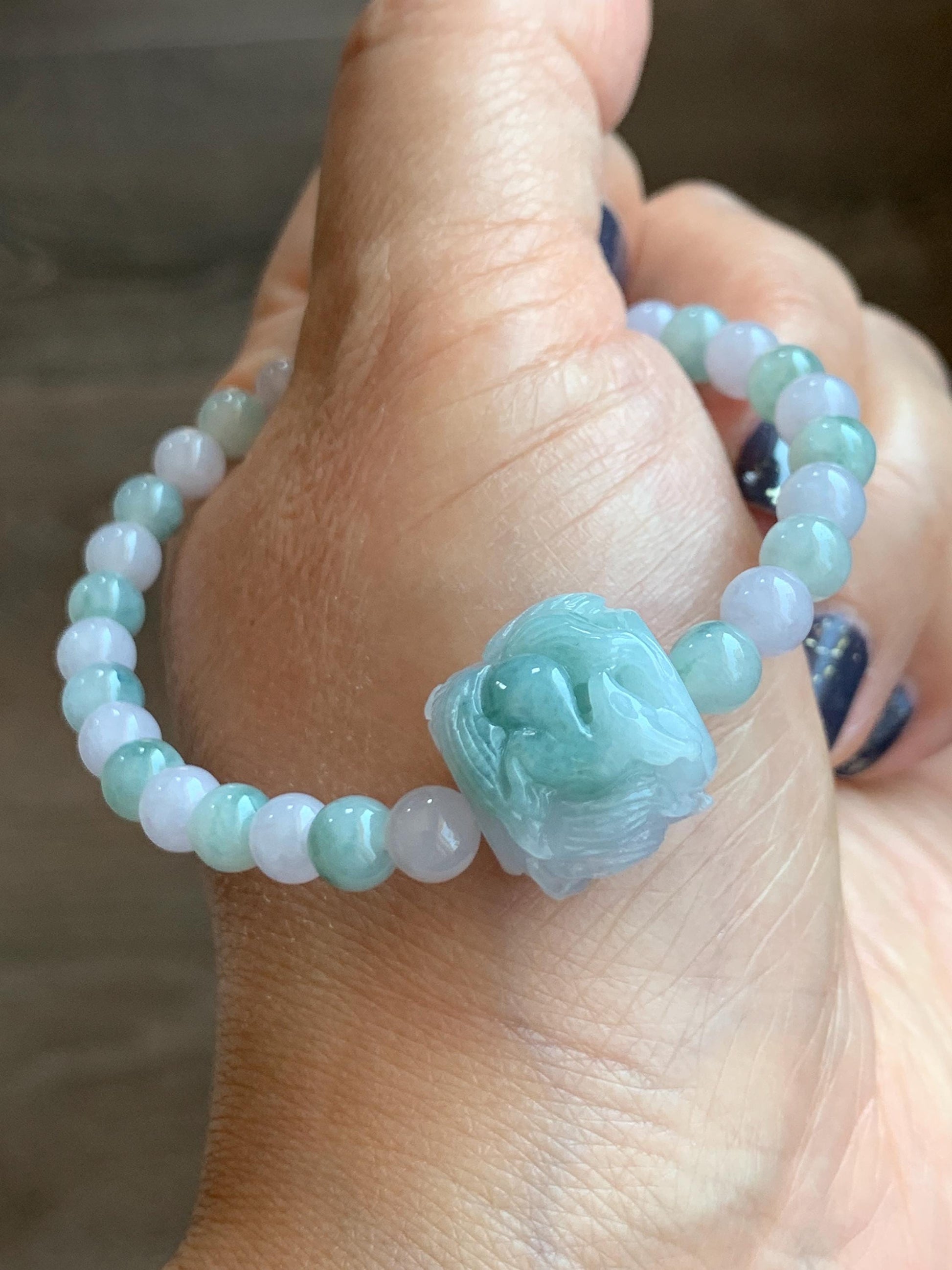 Natural Grade A Icy Translucent Pastel Purple & Green Jade Jadeite Carved Nine-Tailed Fox Beaded Bracelet 6.75” 17g 天然冰胶春彩翡翠九尾狐珠手串 MCC320