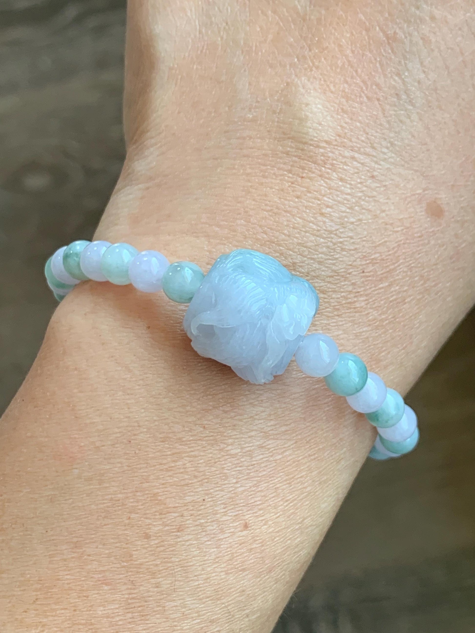 Natural Grade A Icy Translucent Pastel Purple & Green Jade Jadeite Carved Nine-Tailed Fox Beaded Bracelet 6.75” 17g 天然冰胶春彩翡翠九尾狐珠手串 MCC320