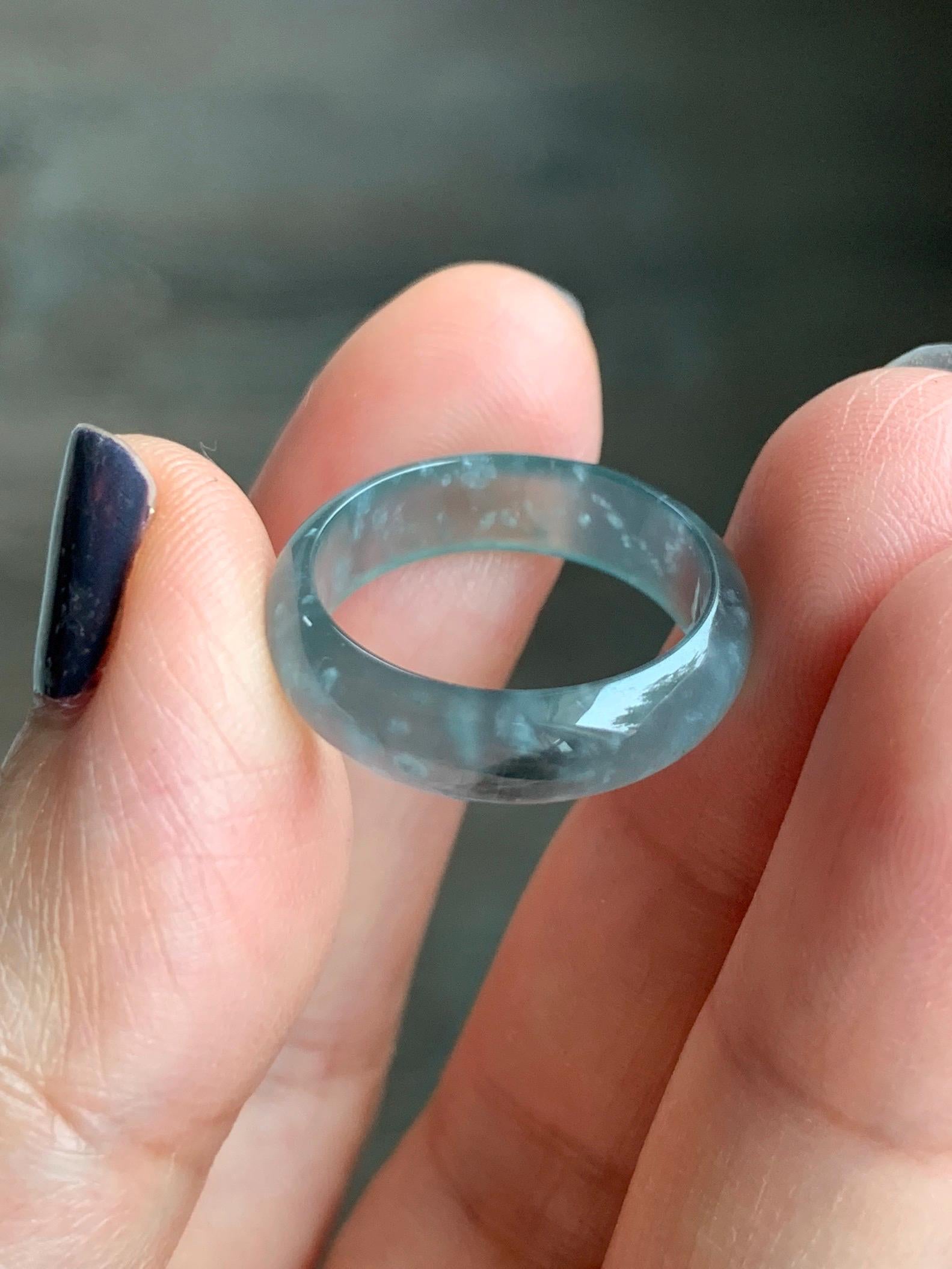 Natural Grade A Guatemalan Icy Highly Translucent Light Blue Wuji Jade Jadeite Band Ring Size 6.5 US 天然冰胶危淡蓝乌鸡翡翠戒圈 WWJ55C