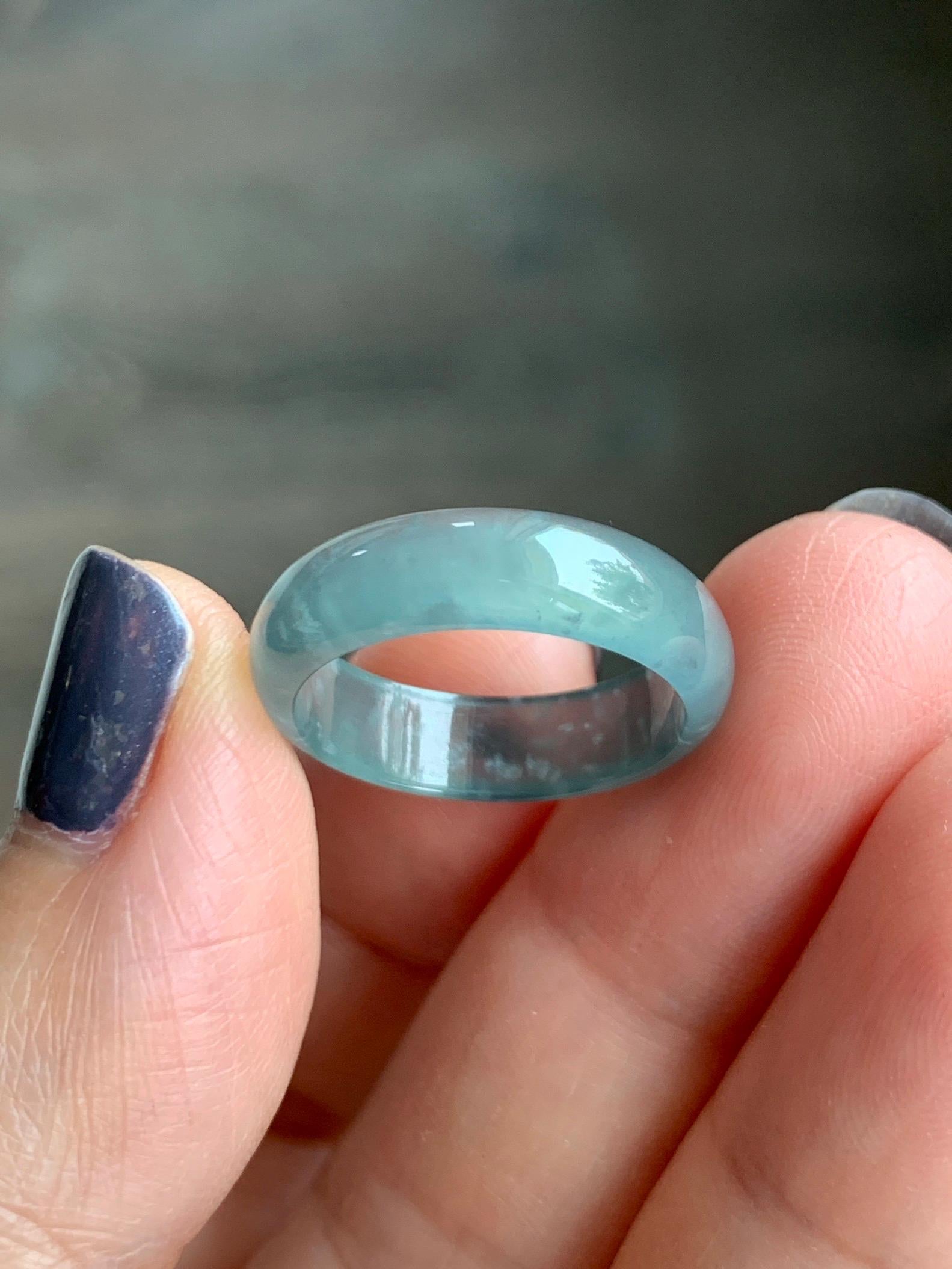 Natural Grade A Guatemalan Icy Highly Translucent Light Blue Wuji Jade Jadeite Band Ring Size 6.5 US 天然冰胶危淡蓝乌鸡翡翠戒圈 WWJ55C