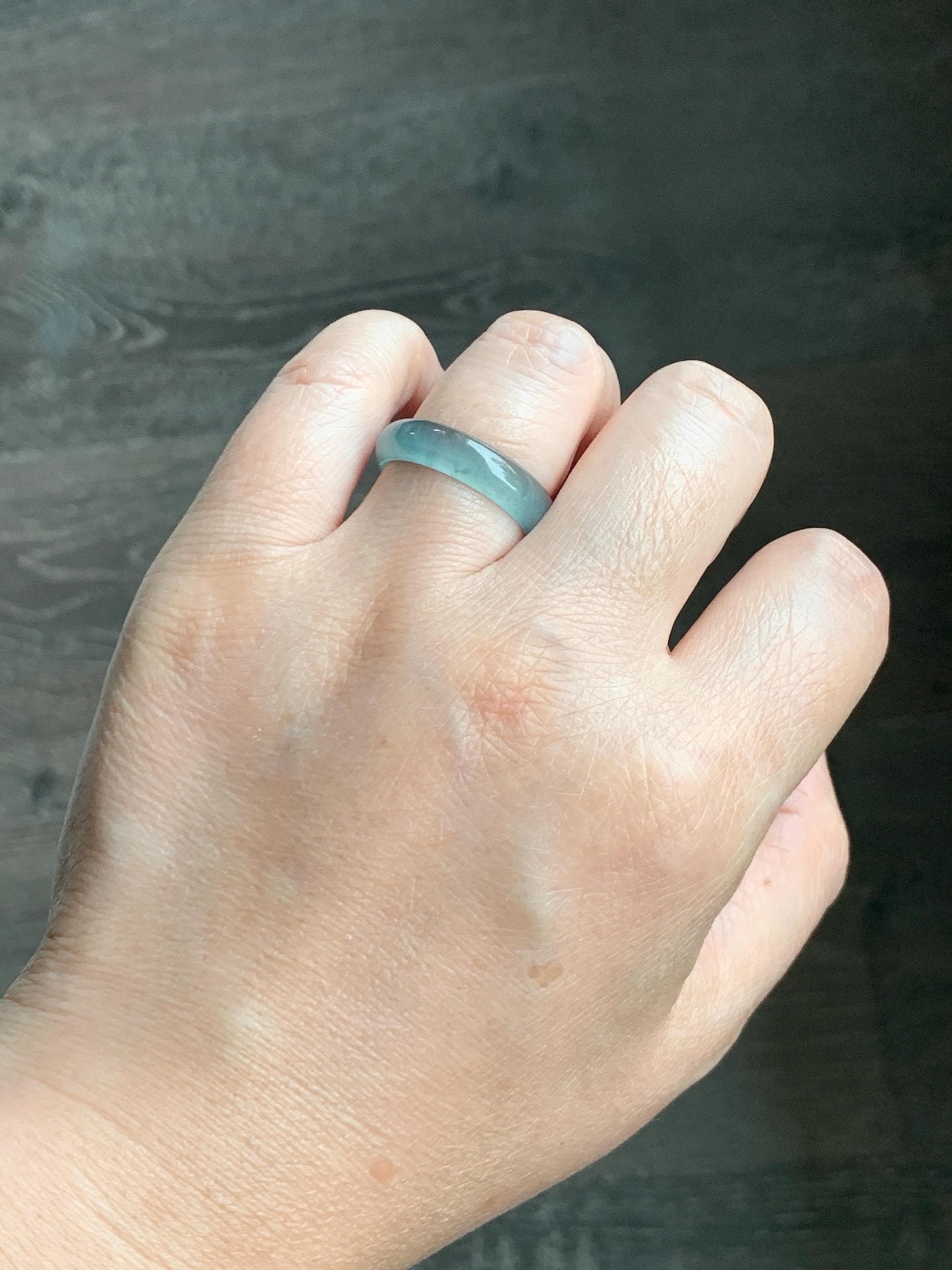Natural Grade A Guatemalan Icy Highly Translucent Light Blue Wuji Jade Jadeite Band Ring Size 9 US 天然冰胶危淡蓝乌鸡翡翠戒圈 WWJ55B