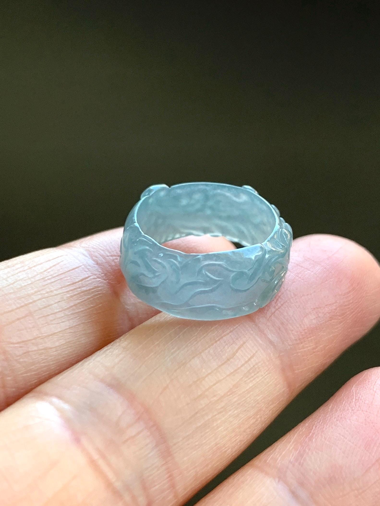 Natural Grade A Guatemalan Icy Highly Translucent Patel Blue Jade Jadeite Carved Phoenix Band Ring size 3.75 US 天然冰胶危淡蓝翡翠凤凰戒圈戒指跑环 QLFH-S