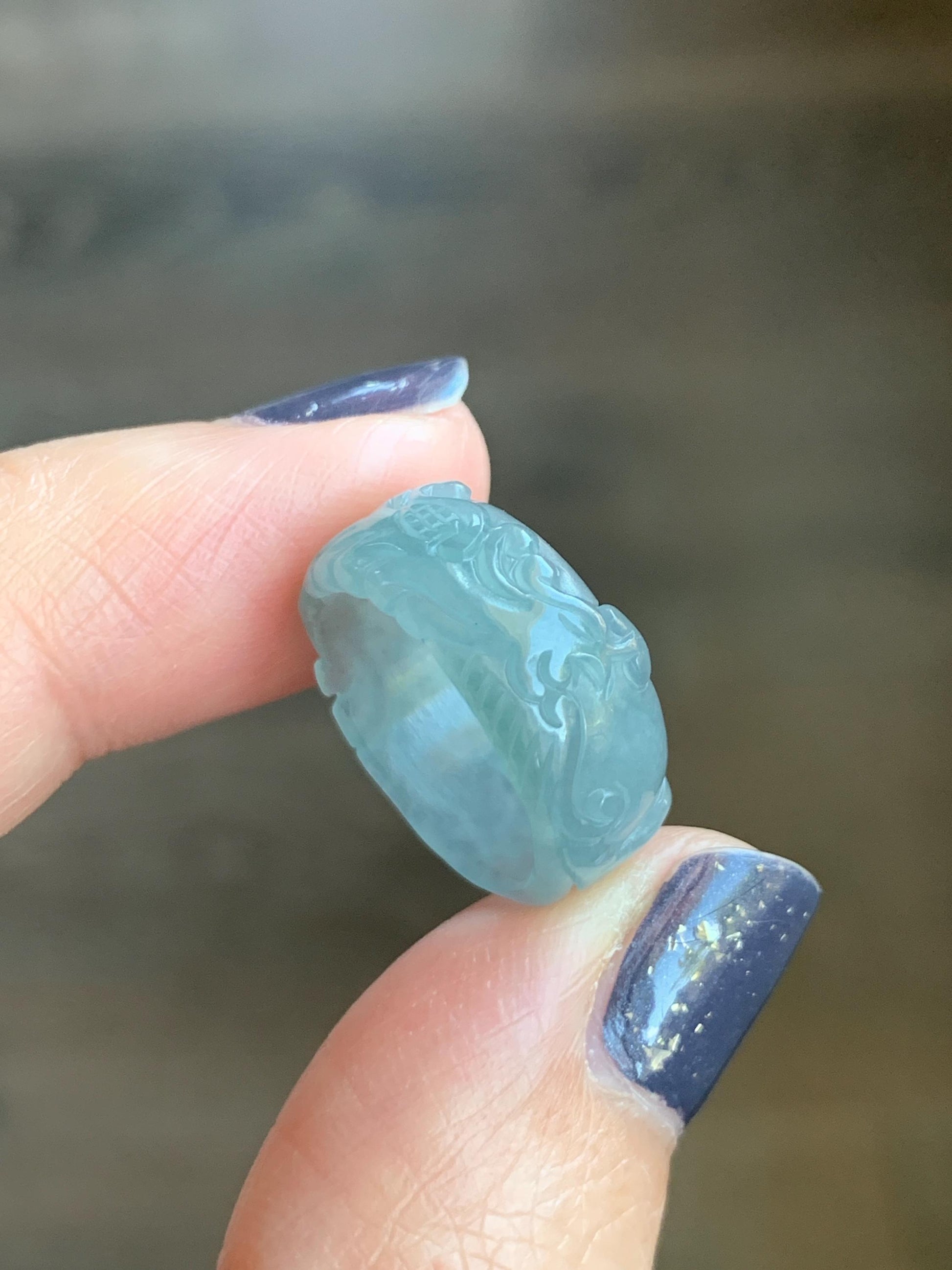 Natural Grade A Guatemalan Icy Highly Translucent Patel Blue Jade Jadeite Carved Phoenix Band Ring size 3.75 US 天然冰胶危淡蓝翡翠凤凰戒圈戒指跑环 QLFH-S