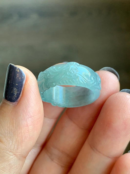 Natural Grade A Guatemalan Icy Highly Translucent Patel Blue Jade Jadeite Carved Phoenix Band Ring size 7.25 US 天然冰胶危淡蓝翡翠凤凰戒圈戒指 QLFH-L