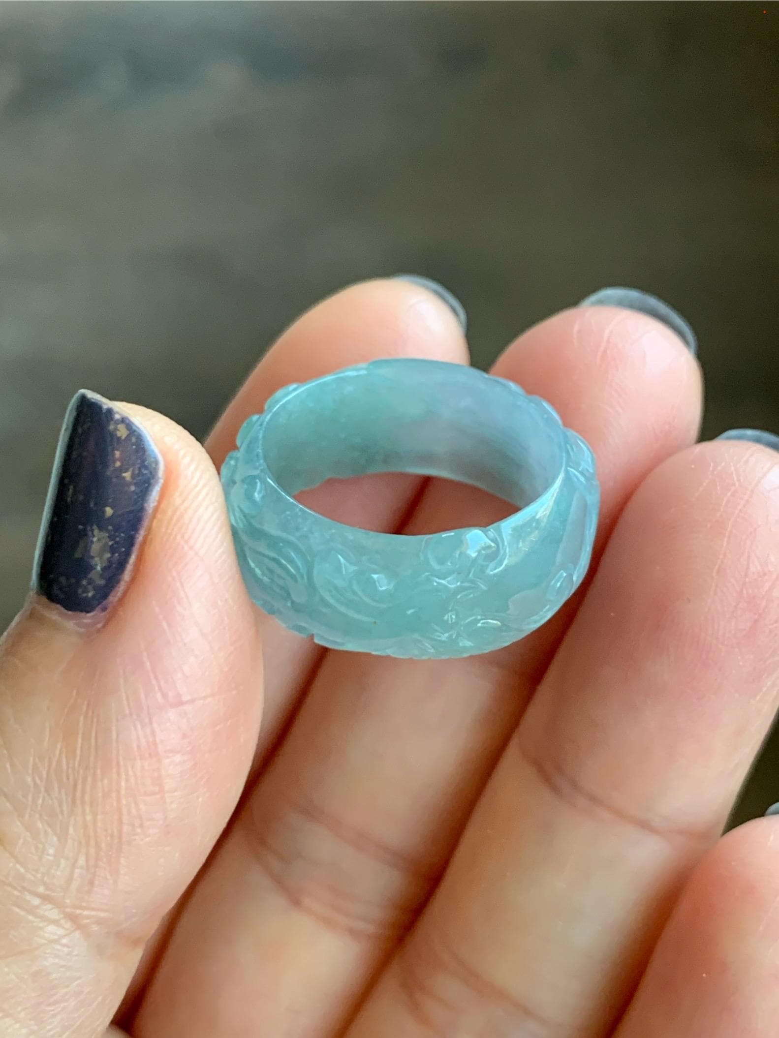Natural Grade A Guatemalan Icy Highly Translucent Patel Blue Jade Jadeite Carved Phoenix Band Ring size 7.25 US 天然冰胶危淡蓝翡翠凤凰戒圈戒指 QLFH-L