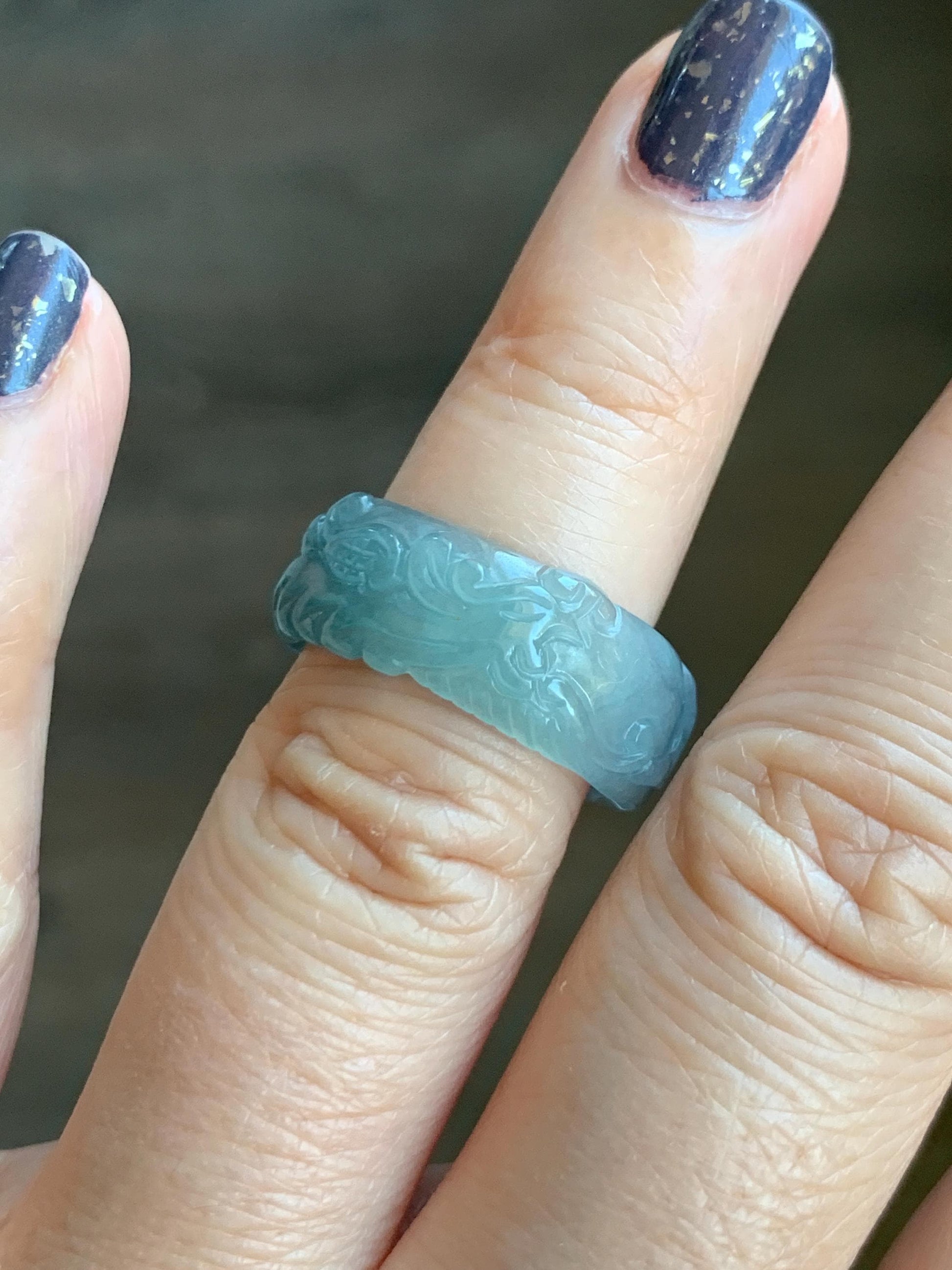 Natural Grade A Guatemalan Icy Highly Translucent Patel Blue Jade Jadeite Carved Phoenix Band Ring size 7.25 US 天然冰胶危淡蓝翡翠凤凰戒圈戒指 QLFH-L