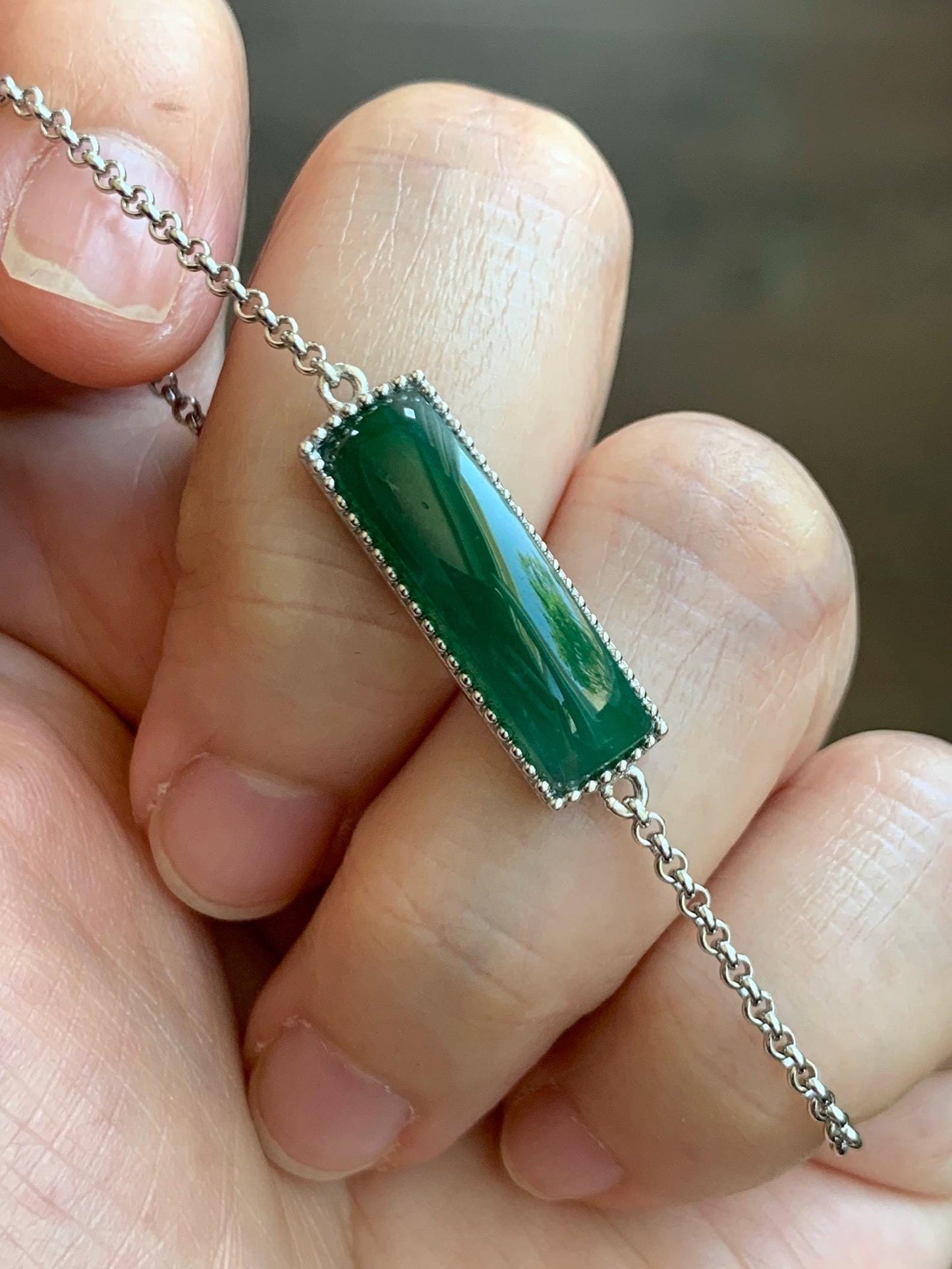 Certified Natural Guatemalan Icy Translucent Rich Teal Green Jadeite Saddle Cut Chain Bracelet Sterling Silver 6.25”-7.5” 天然冰危绿翡翠马鞍银镶手链 9463
