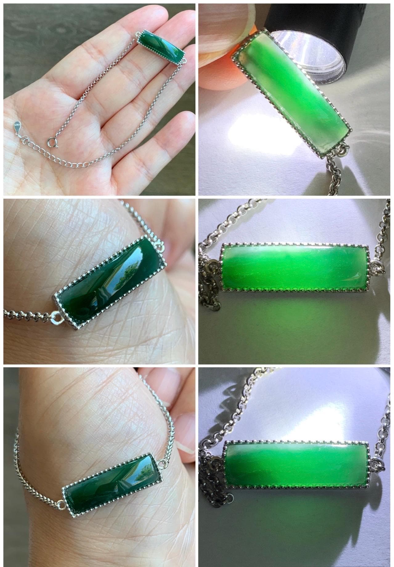 Certified Natural Guatemalan Icy Translucent Rich Teal Green Jadeite Saddle Cut Chain Bracelet Sterling Silver 6.25”-7.5” 天然冰危绿翡翠马鞍银镶手链 9463