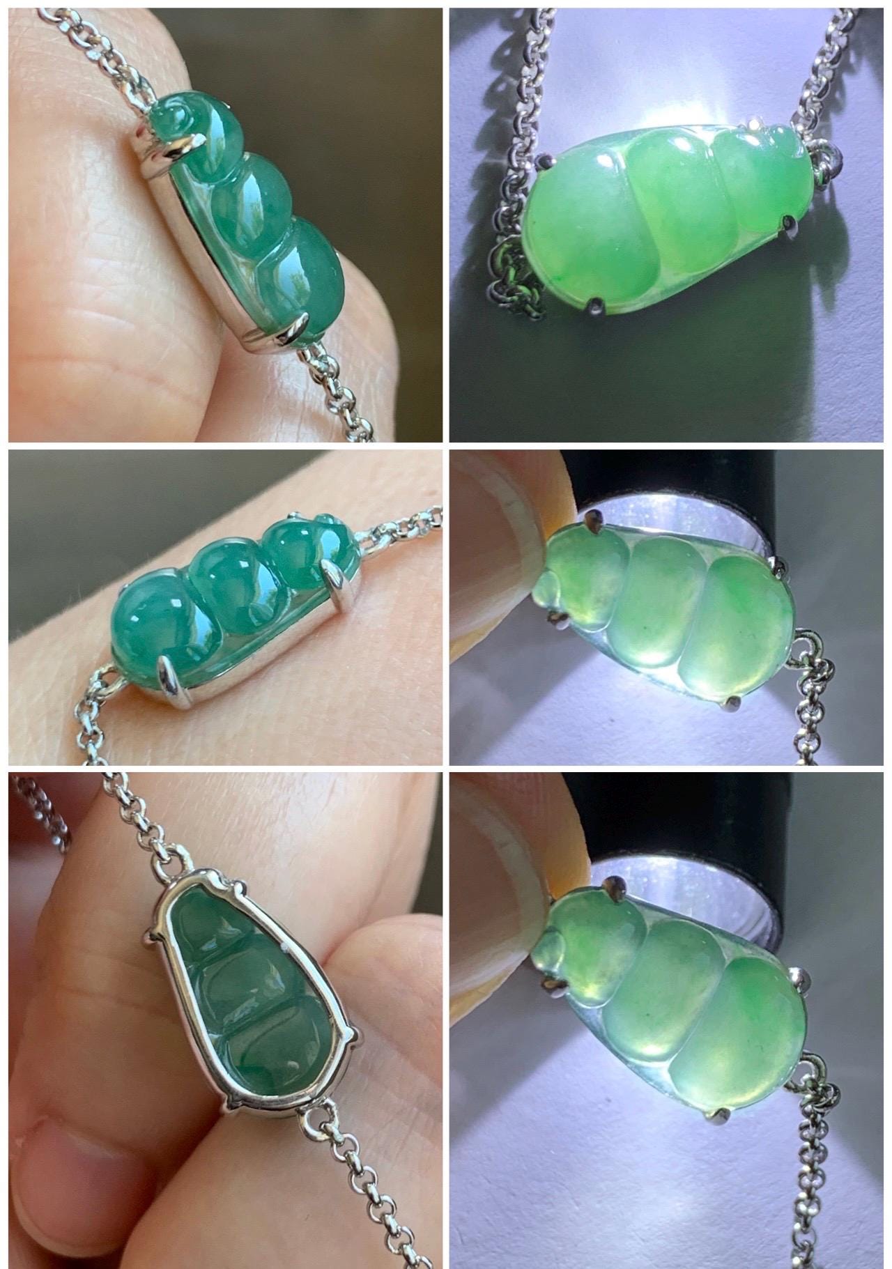 Certified Natural Grade A Icy Translucent Gelatinous Green Jadeite Peapod Chain Bracelet Sterling Silver 6.25”-8” 2.9g 天然冰胶绿翡翠福豆银镶手链 9437