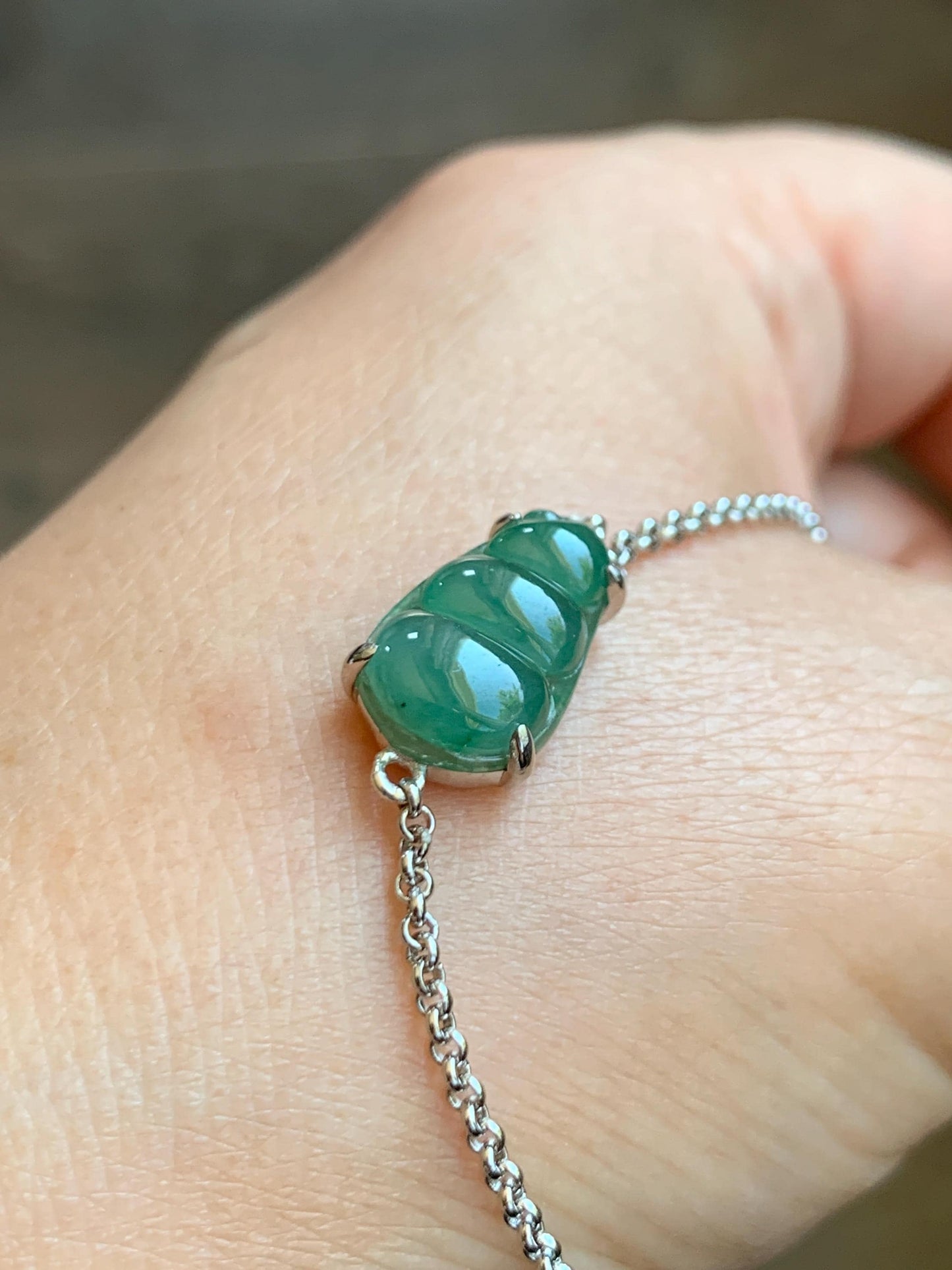 Certified Natural Grade A Icy Translucent Gelatinous Green Jadeite Peapod Chain Bracelet Sterling Silver 6.25”-8” 2.9g 天然冰胶绿翡翠福豆银镶手链 9437