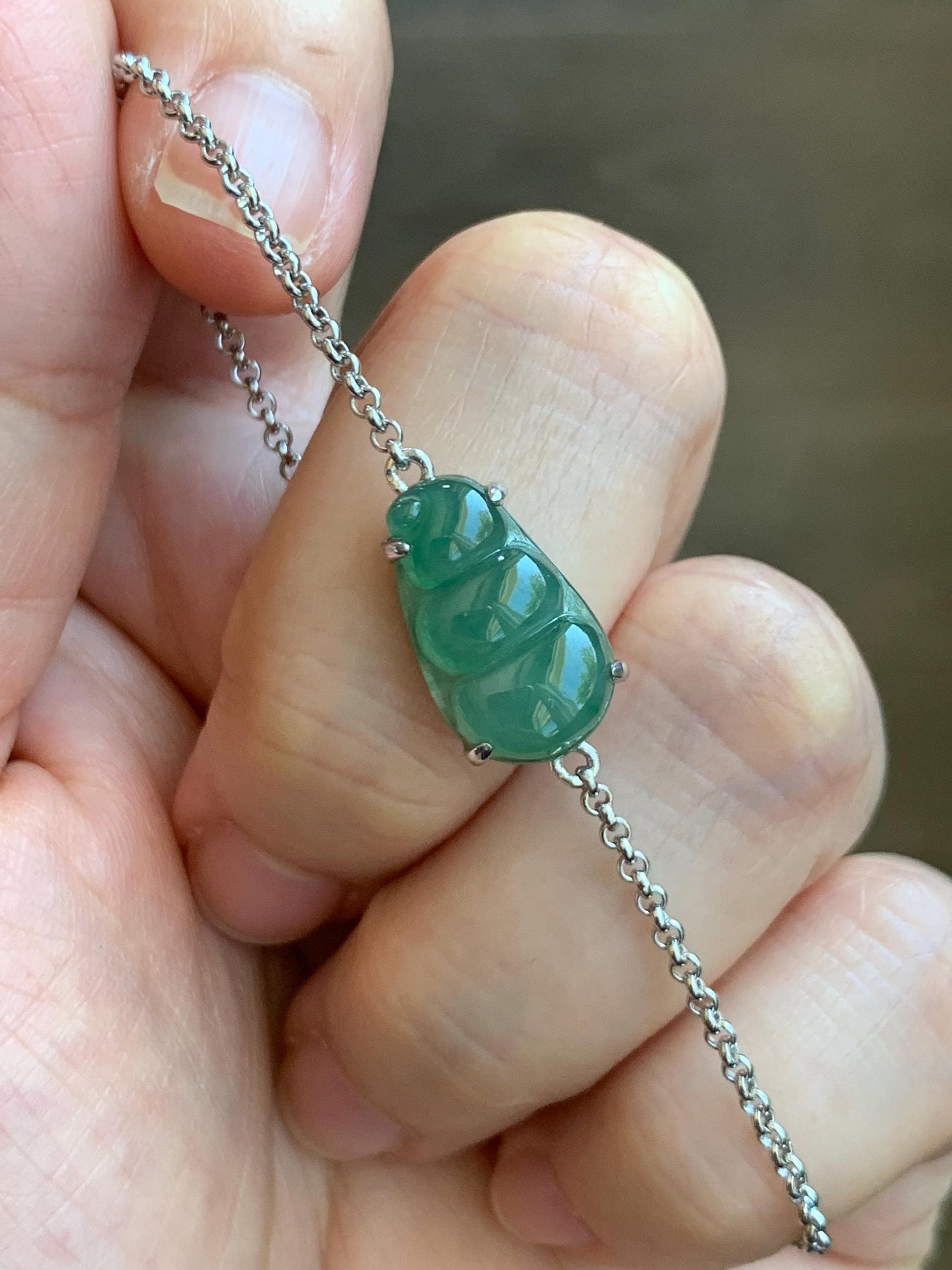 Certified Natural Grade A Icy Translucent Gelatinous Green Jadeite Peapod Chain Bracelet Sterling Silver 6.25”-8” 2.9g 天然冰胶绿翡翠福豆银镶手链 9437