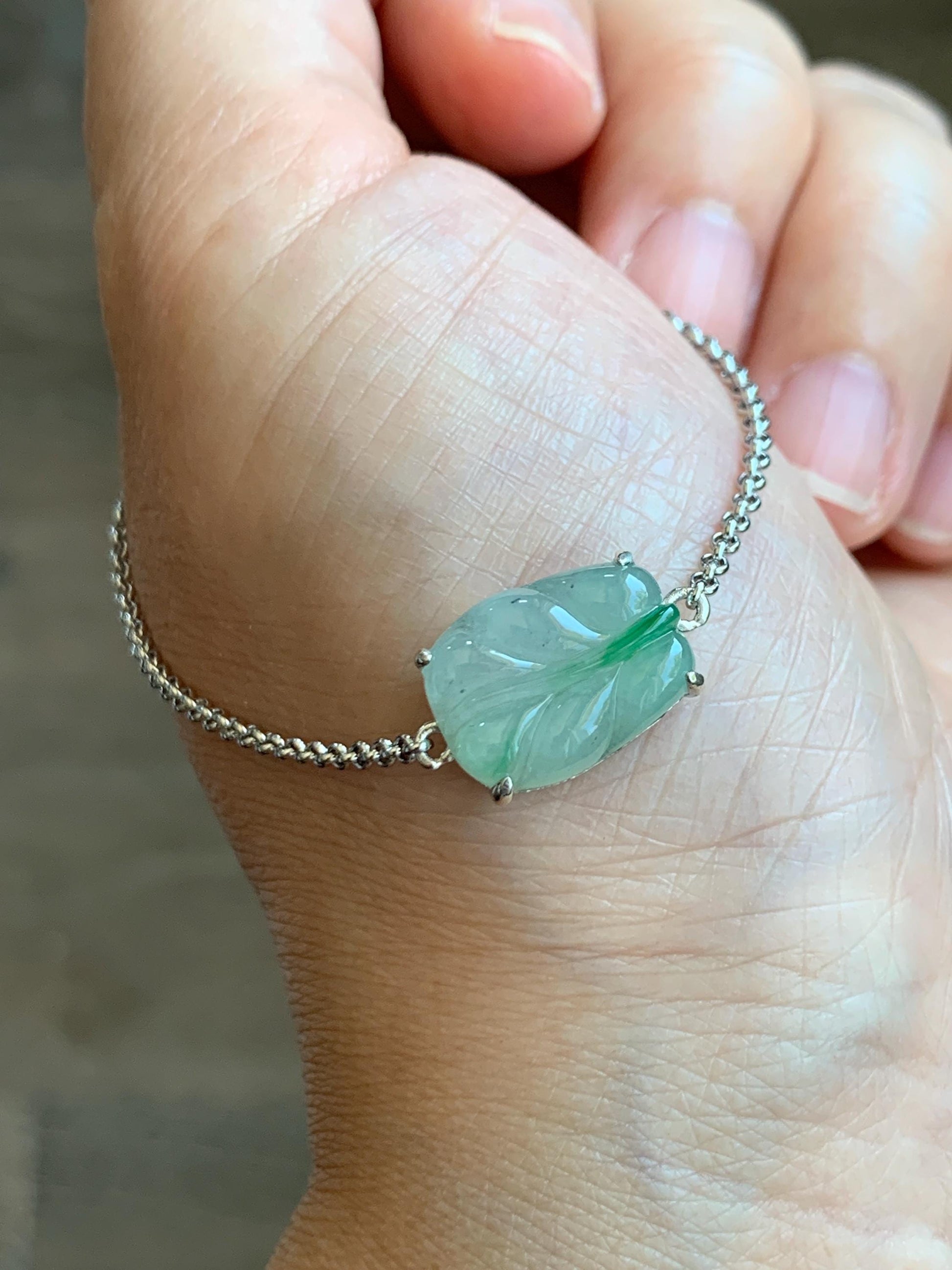Certified Natural Grade A Icy Translucent Gelatinous Green Marbled Jadeite Leaf Chain Bracelet Sterling Silver 6”-7.75” 天然冰胶绿翡翠福豆银镶手链 9464