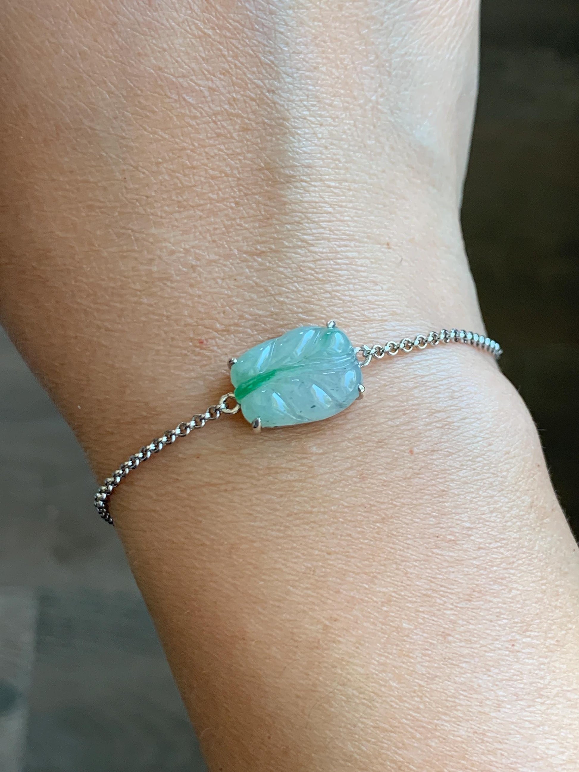 Certified Natural Grade A Icy Translucent Gelatinous Green Marbled Jadeite Leaf Chain Bracelet Sterling Silver 6”-7.75” 天然冰胶绿翡翠福豆银镶手链 9464