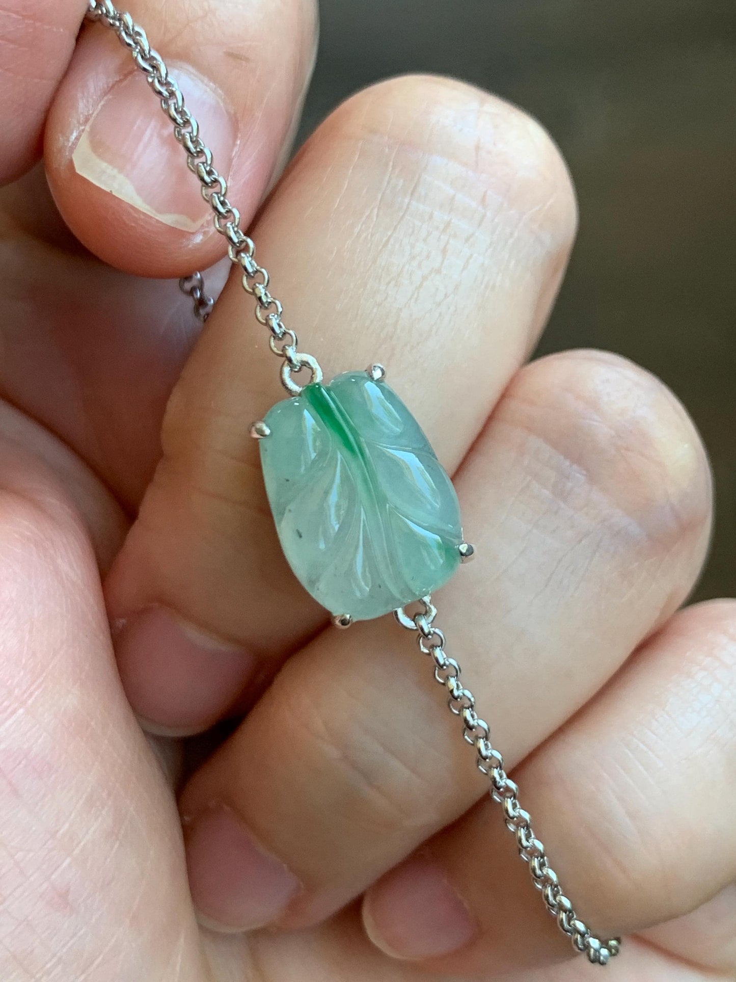 Certified Natural Grade A Icy Translucent Gelatinous Green Marbled Jadeite Leaf Chain Bracelet Sterling Silver 6”-7.75” 天然冰胶绿翡翠福豆银镶手链 9464