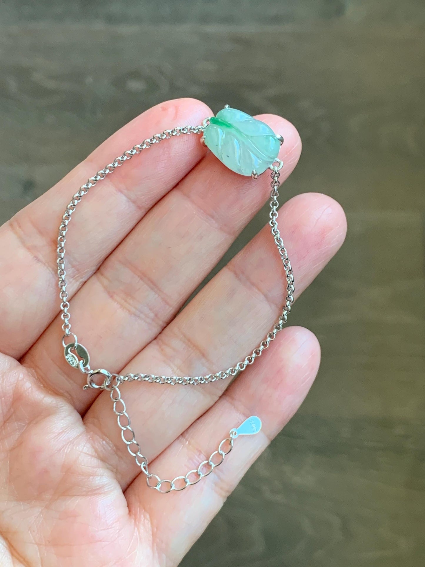 Certified Natural Grade A Icy Translucent Gelatinous Green Marbled Jadeite Leaf Chain Bracelet Sterling Silver 6”-7.75” 天然冰胶绿翡翠福豆银镶手链 9464