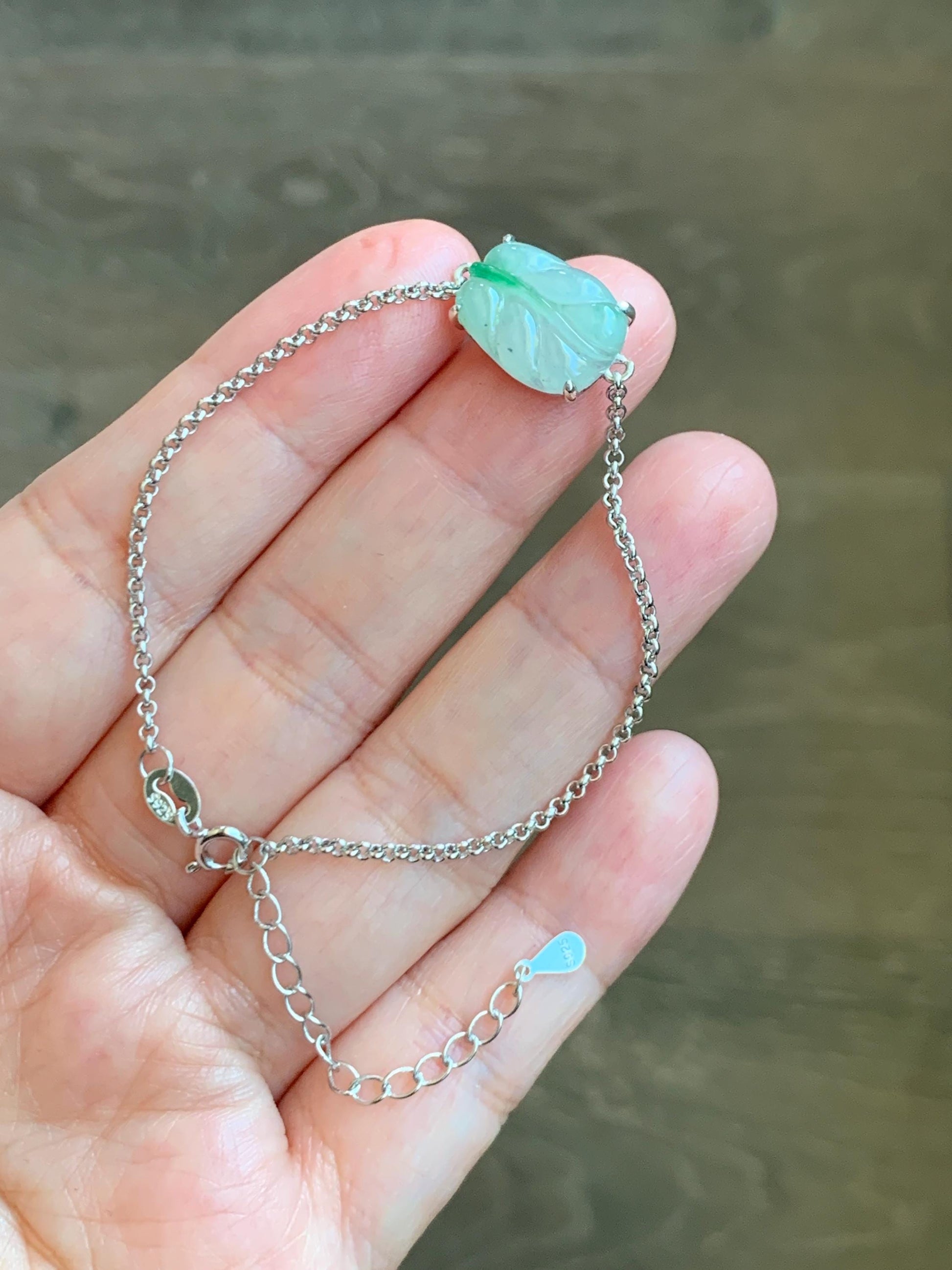 Certified Natural Grade A Icy Translucent Gelatinous Green Marbled Jadeite Leaf Chain Bracelet Sterling Silver 6”-7.75” 天然冰胶绿翡翠福豆银镶手链 9464