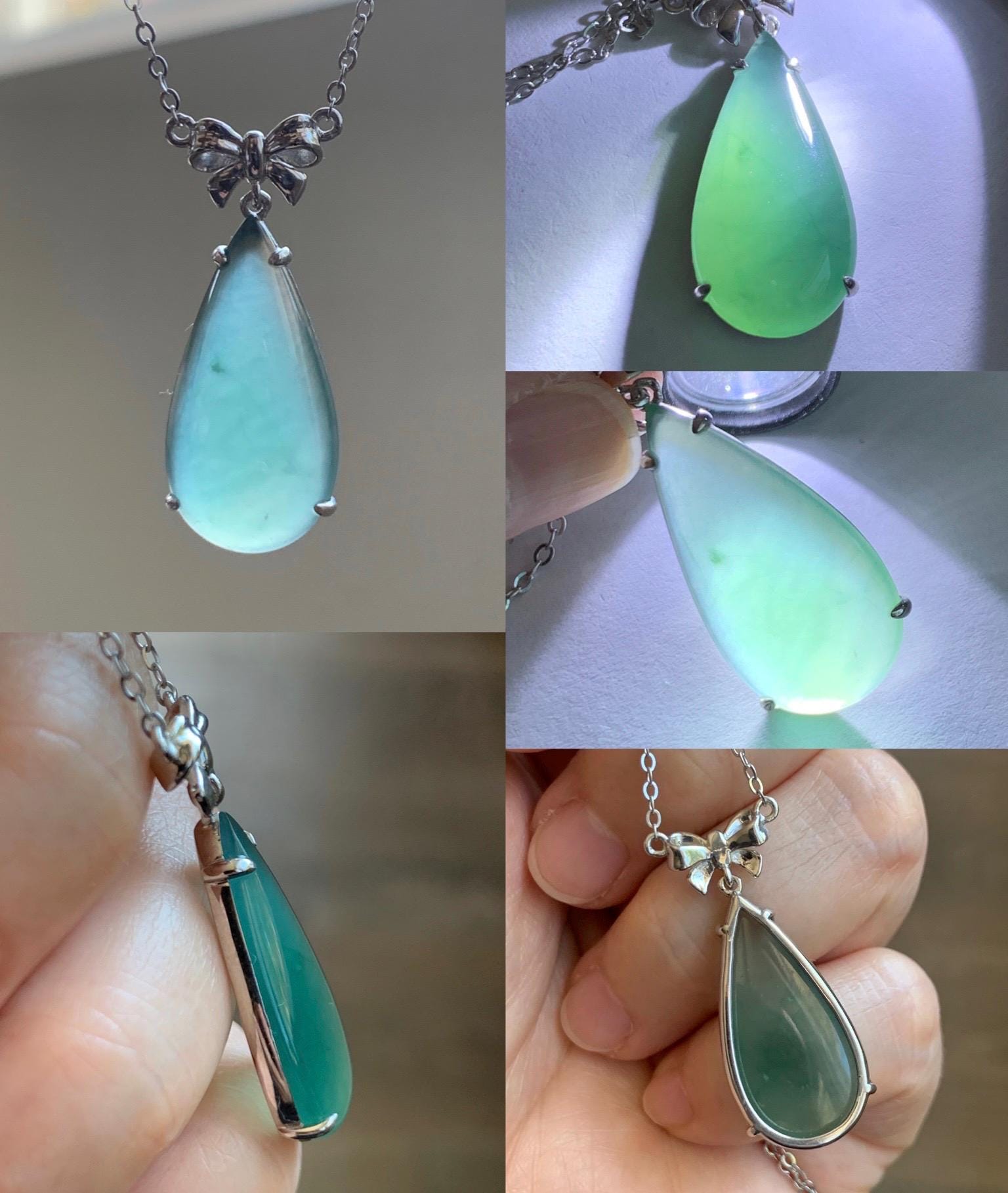 Certified Natural Guatemalan Icy Highly Translucent Teal Green Jadeite Teardrop Pendant Necklace Sterling Silver 16.75” 天然冰危蓝绿翡翠水滴锁骨链 9436