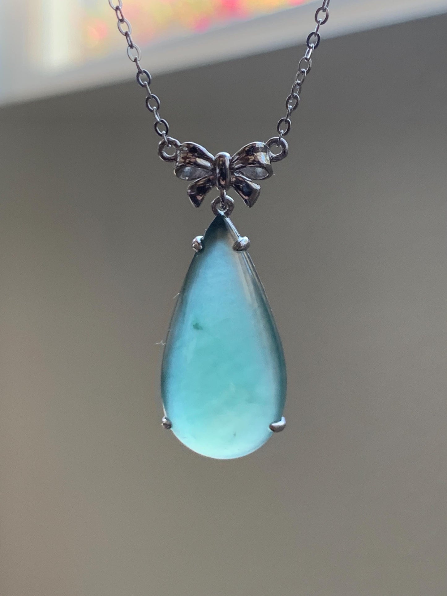 Certified Natural Guatemalan Icy Highly Translucent Teal Green Jadeite Teardrop Pendant Necklace Sterling Silver 16.75” 天然冰危蓝绿翡翠水滴锁骨链 9436