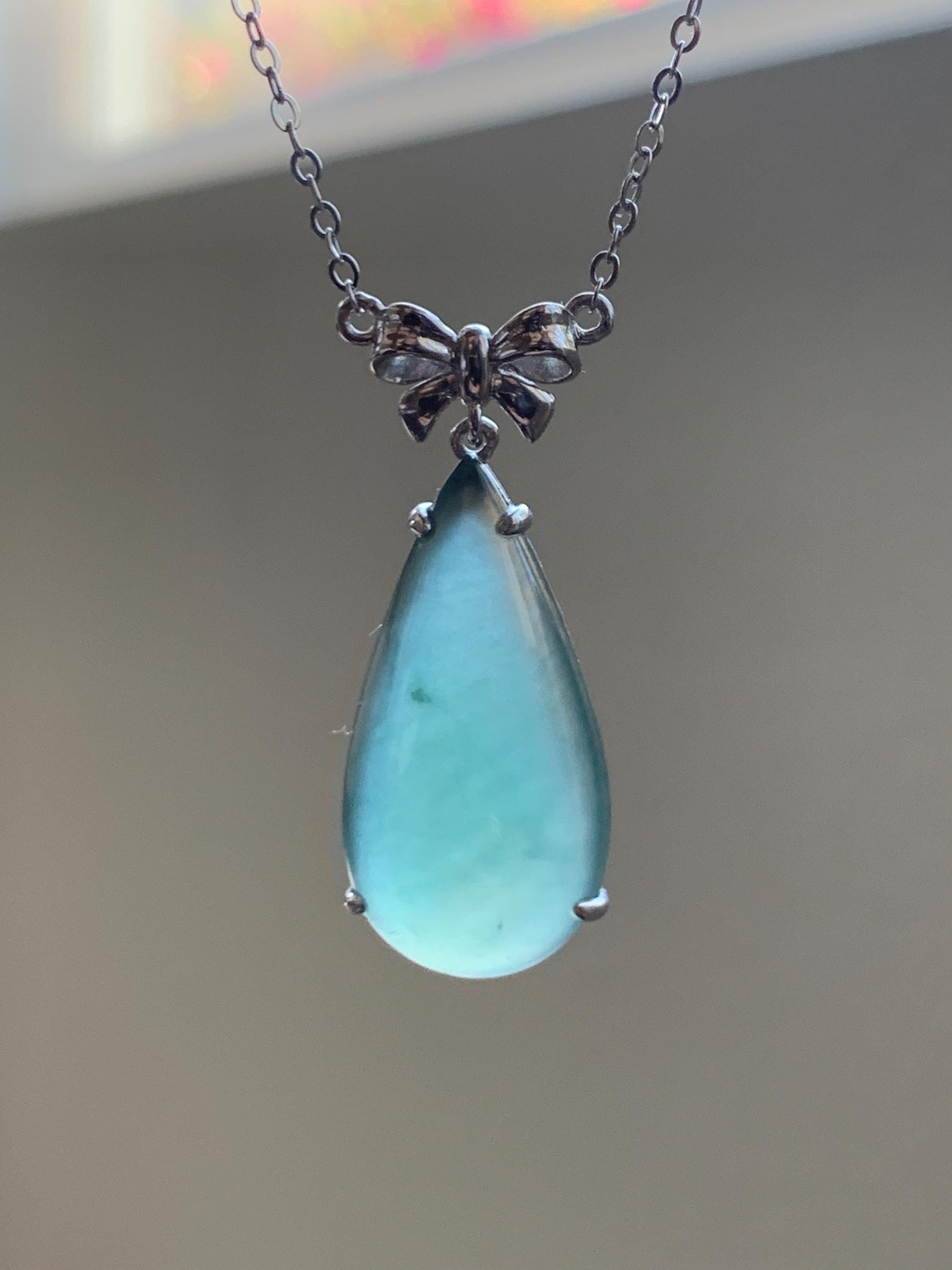 Certified Natural Guatemalan Icy Highly Translucent Teal Green Jadeite Teardrop Pendant Necklace Sterling Silver 16.75” 天然冰危蓝绿翡翠水滴锁骨链 9436