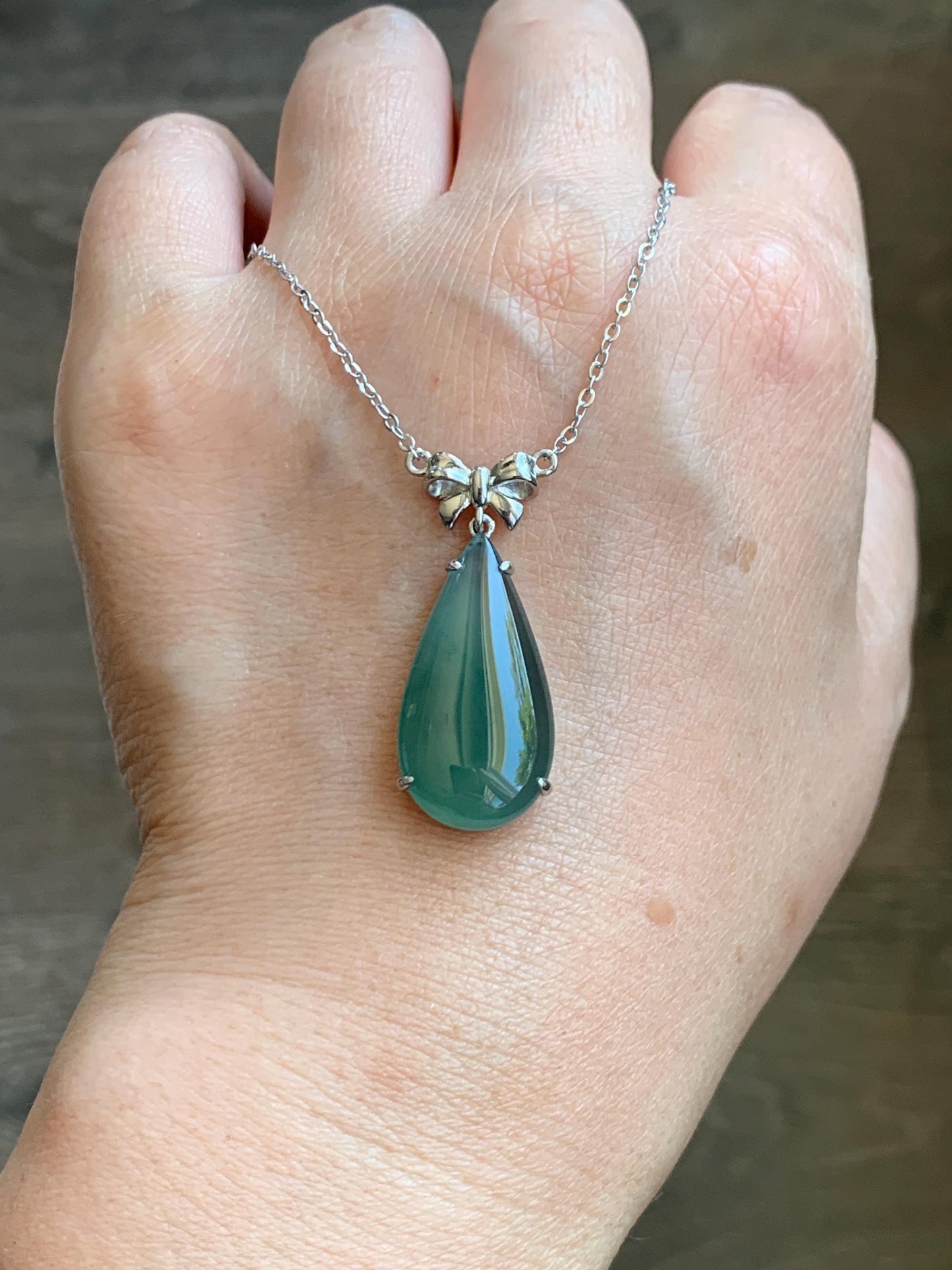 Certified Natural Guatemalan Icy Highly Translucent Teal Green Jadeite Teardrop Pendant Necklace Sterling Silver 16.75” 天然冰危蓝绿翡翠水滴锁骨链 9436